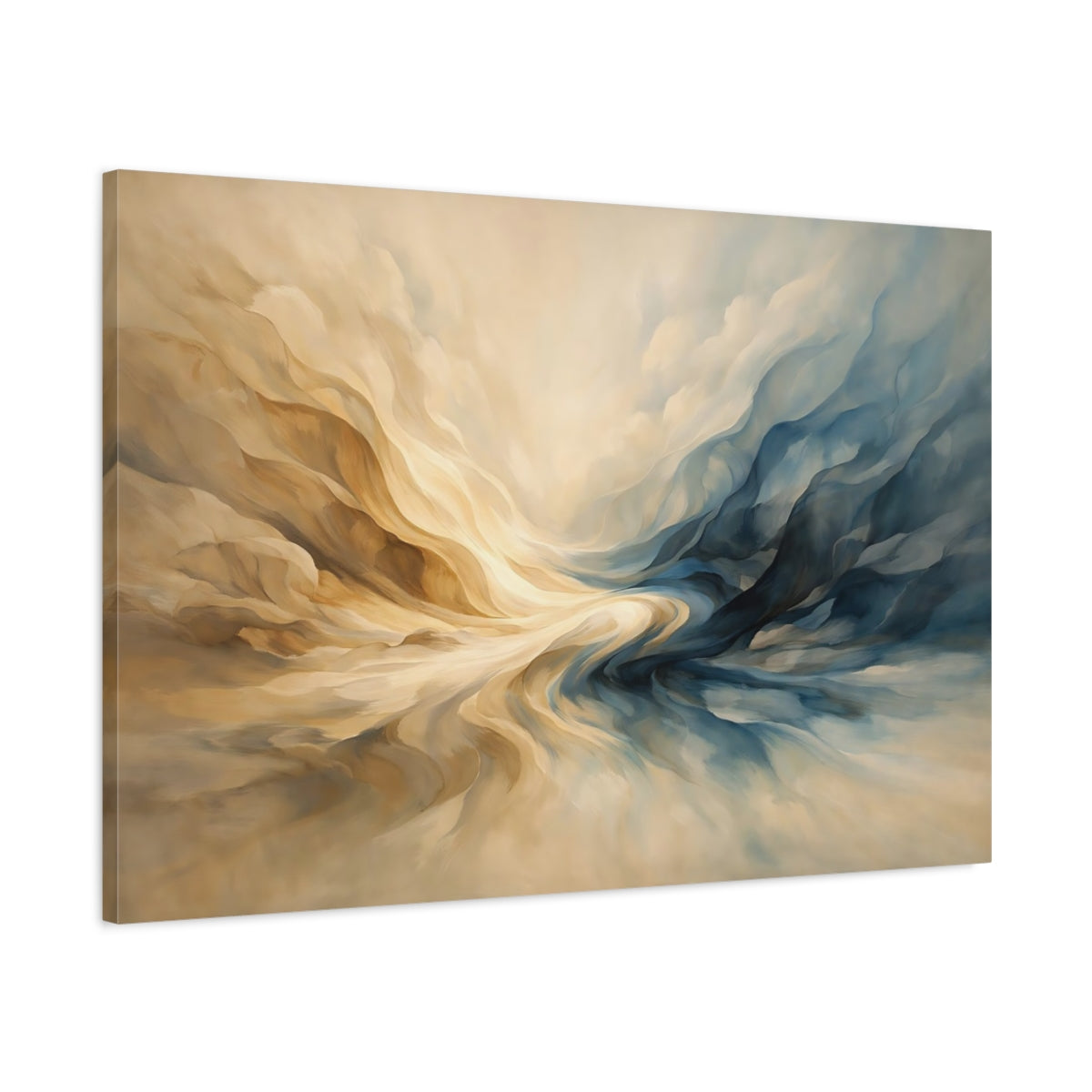 Side Mockup 1. Abstract Abstract Forms Blue And Beige shown as stretched canvas wall art