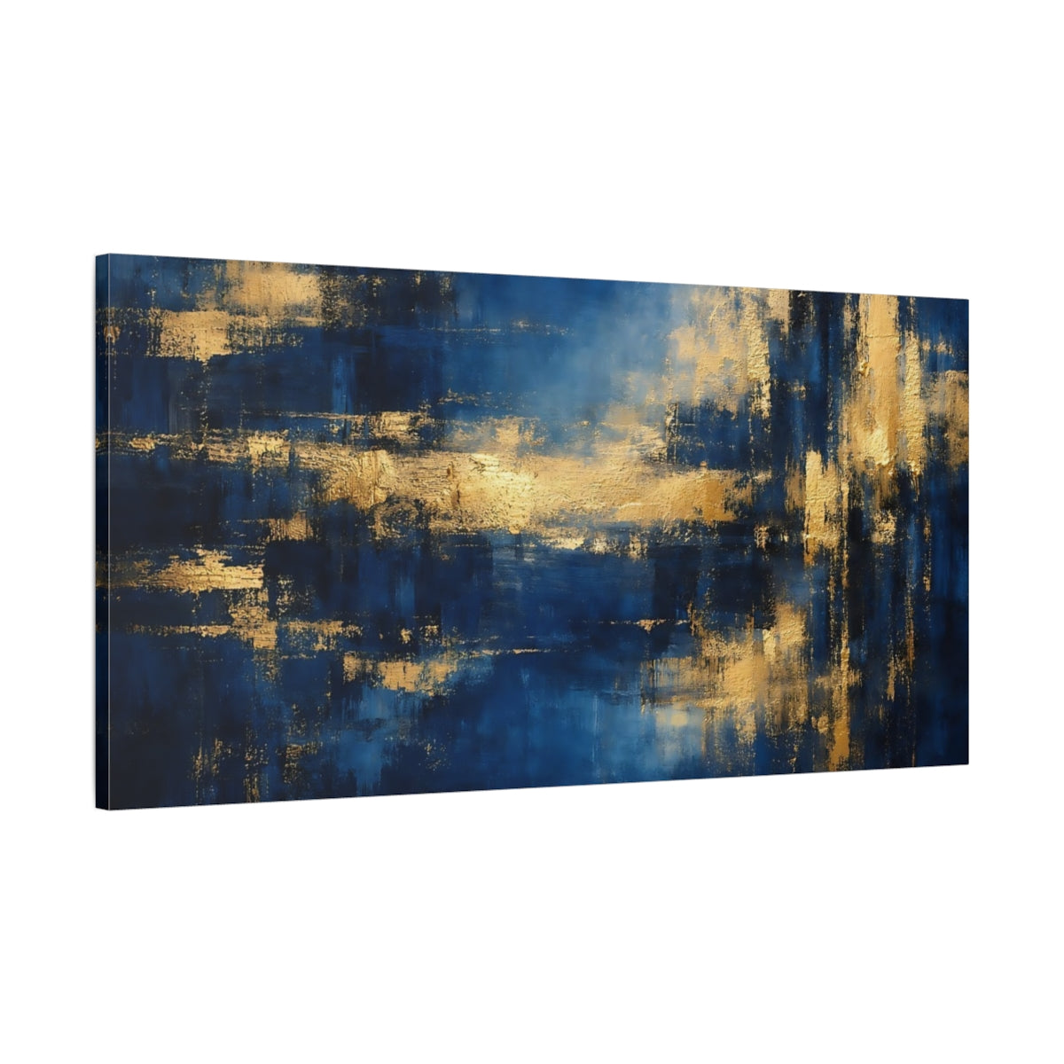 Side Mockup 1. Abstract Abstract Forms Blue And Gold Abstract shown as stretched canvas wall art