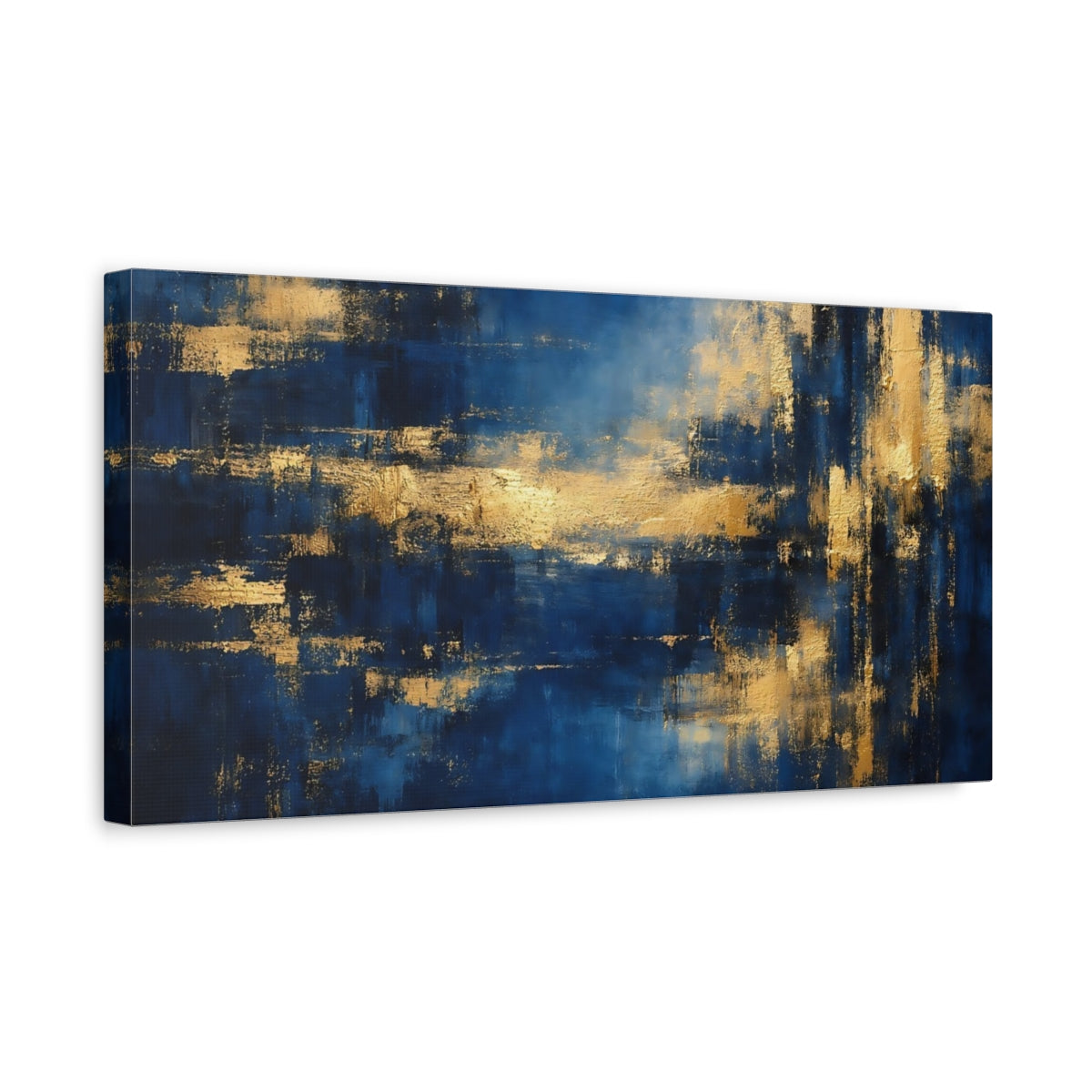 Side Mockup 3. Abstract Abstract Forms Blue And Gold Abstract shown as stretched canvas wall art