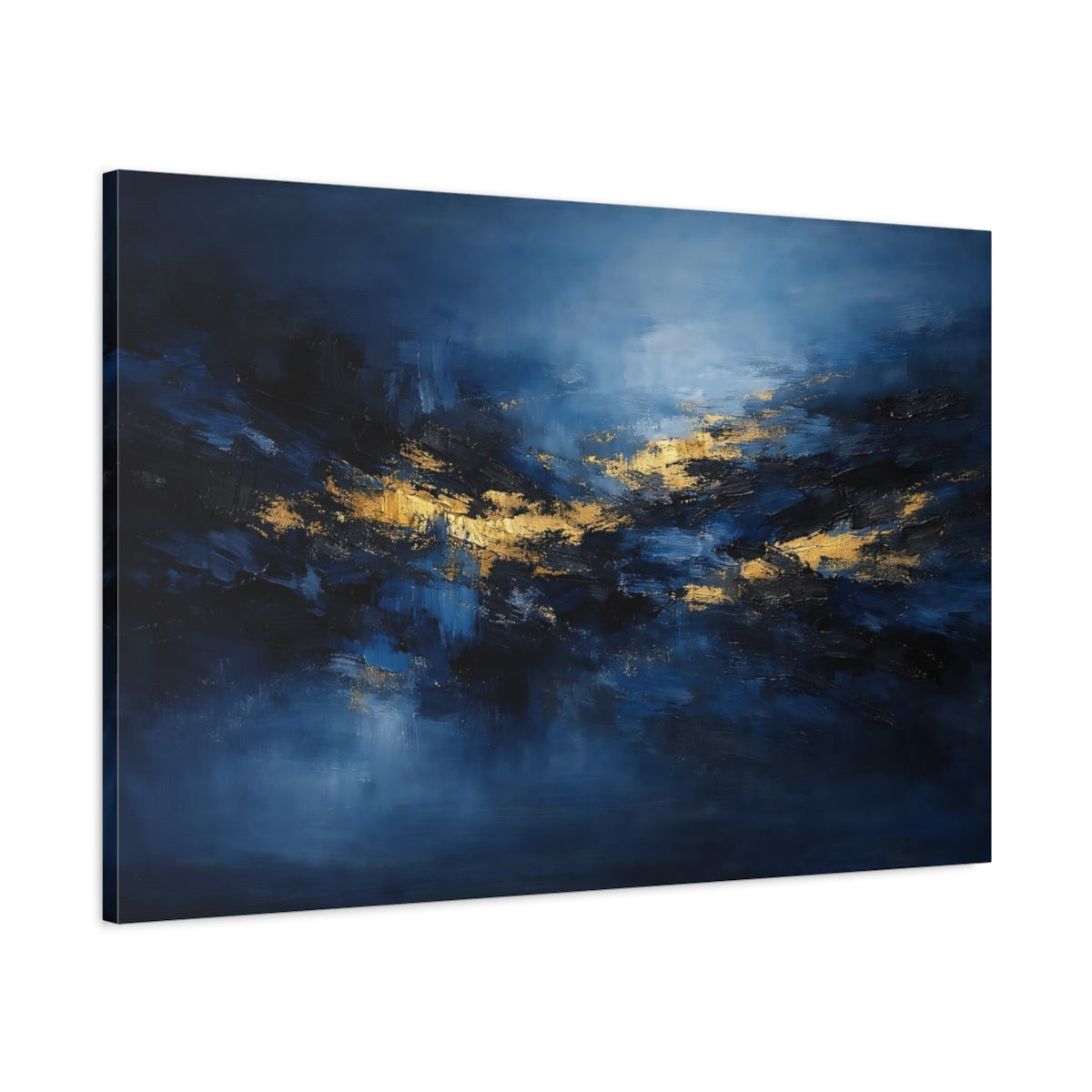 Side Mockup 1. Abstract Abstract Forms Blue And Gold shown as stretched canvas wall art