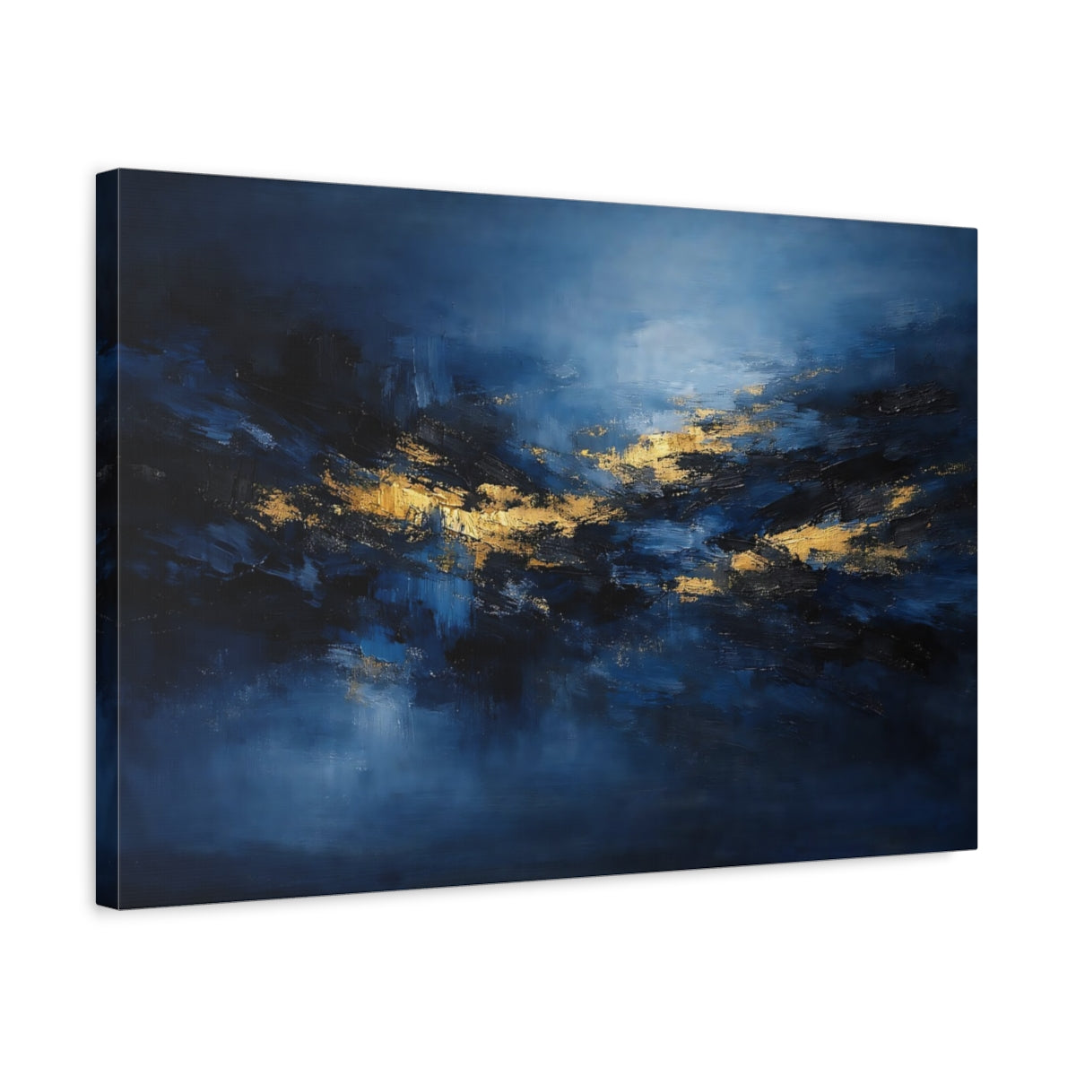 Side Mockup 3. Abstract Abstract Forms Blue And Gold shown as stretched canvas wall art