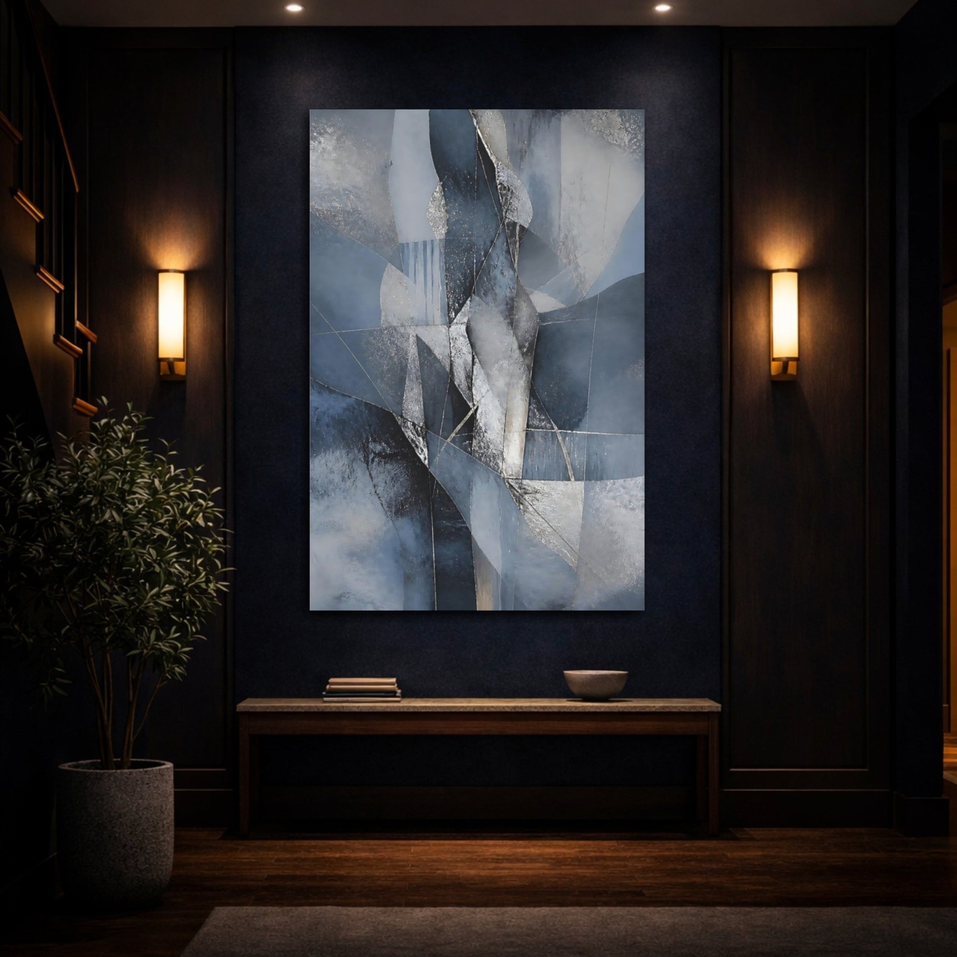 Abstract Forms Blue And Silver Canvas Wall Art Print – Living Room Decor, Large - YesArtYes