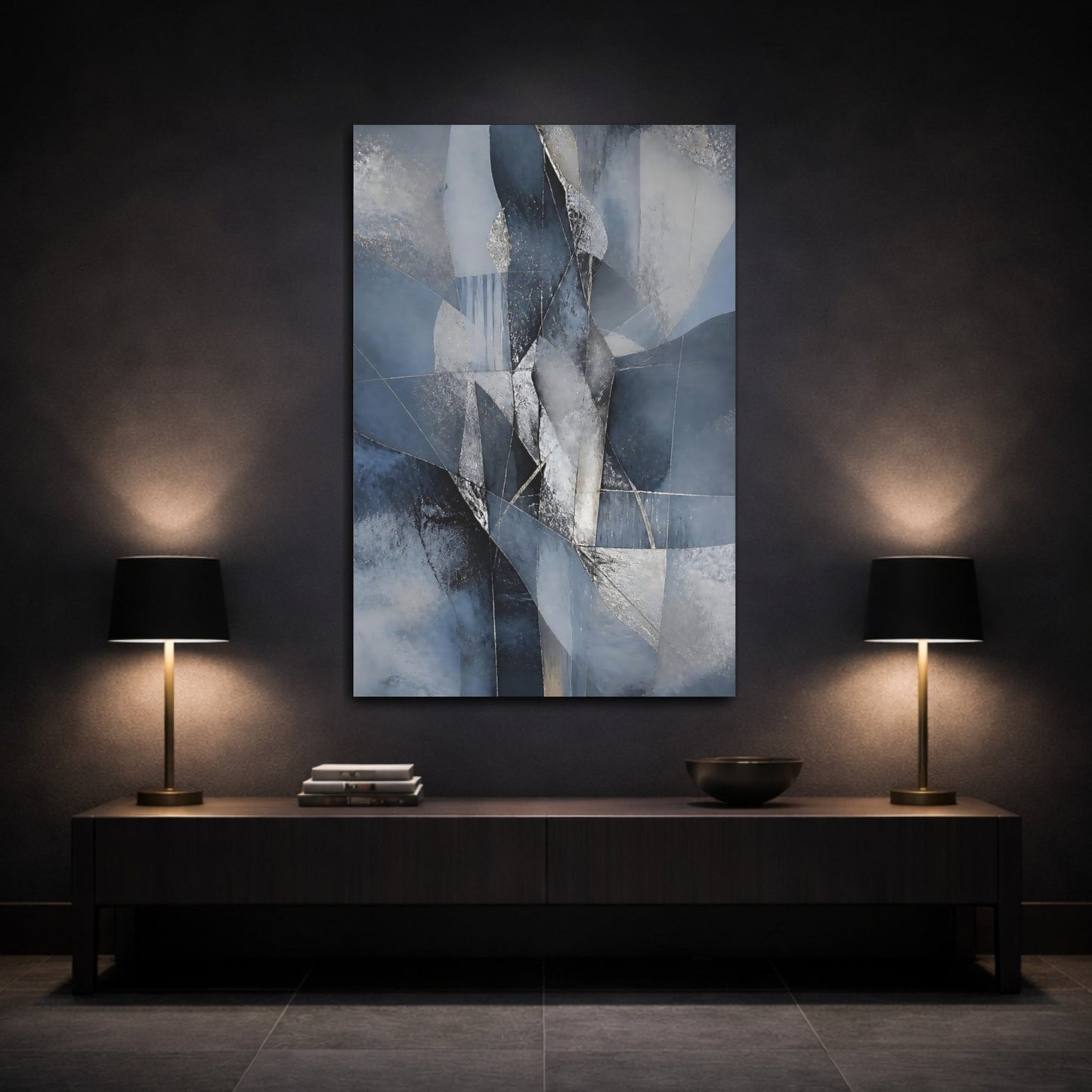 Abstract Forms Blue And Silver Canvas Wall Art Print – Living Room Decor, Large - YesArtYes