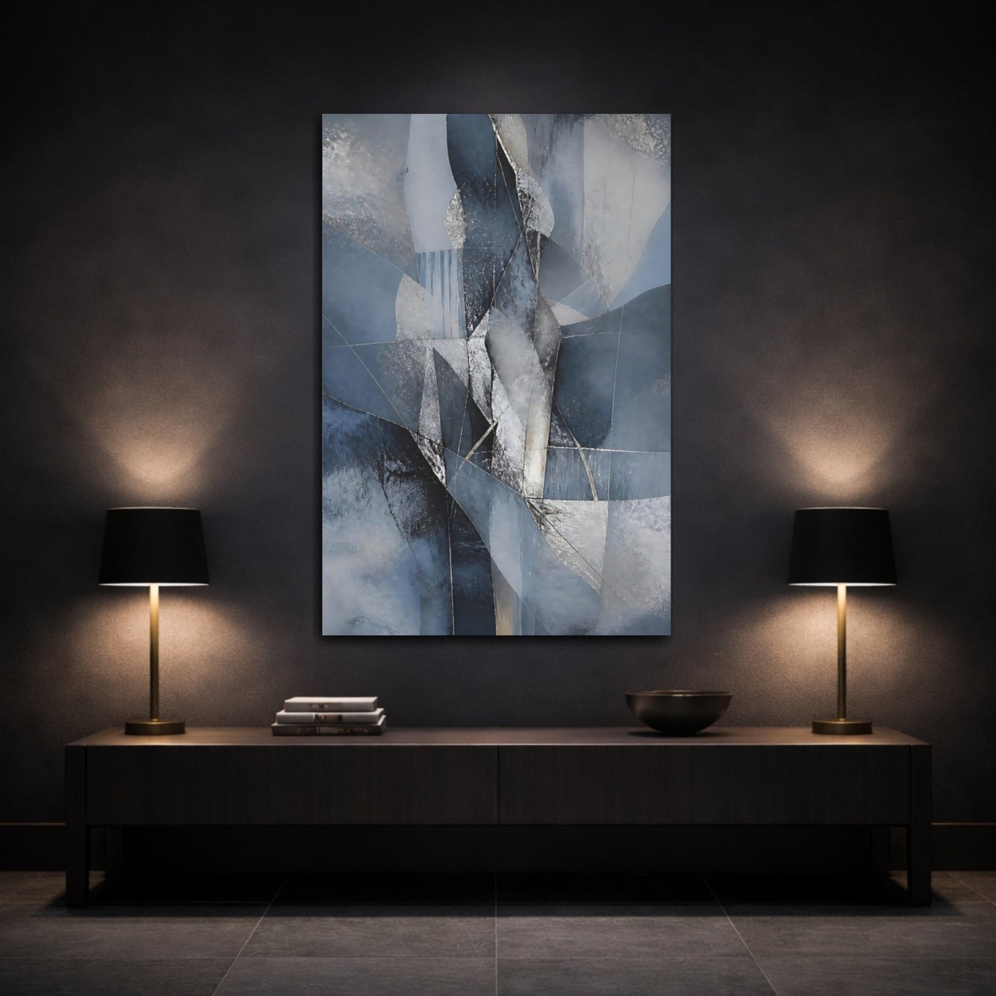 Abstract Forms Blue And Silver Canvas Wall Art Print – Living Room Decor, Large - YesArtYes