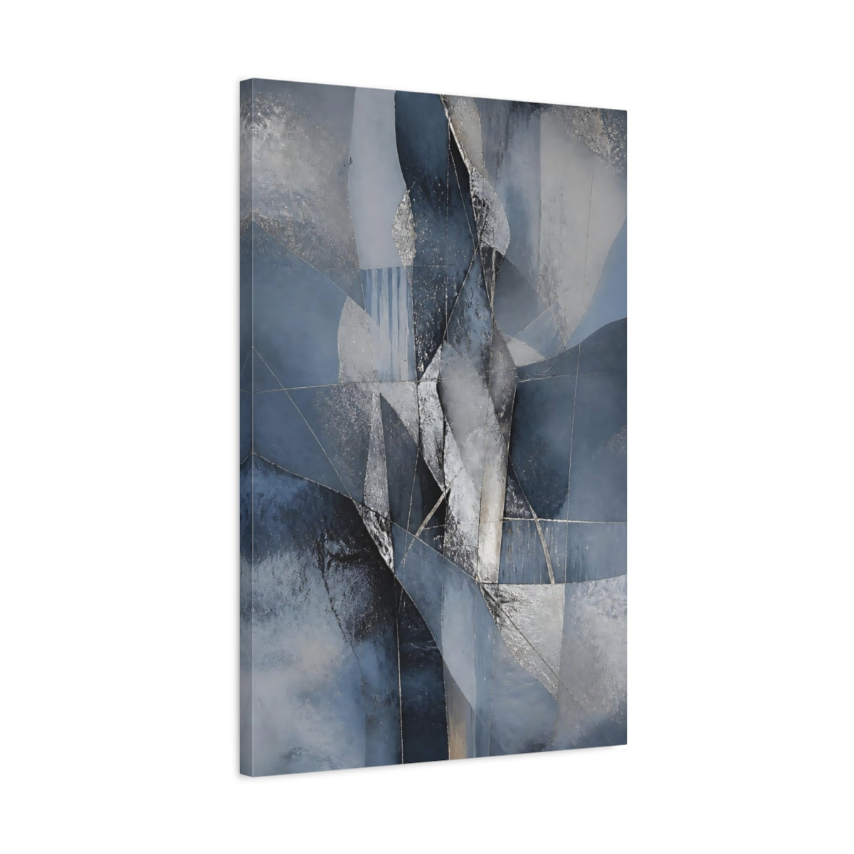 Side Mockup 2. Abstract Abstract Forms Blue And Silver shown as stretched canvas wall art