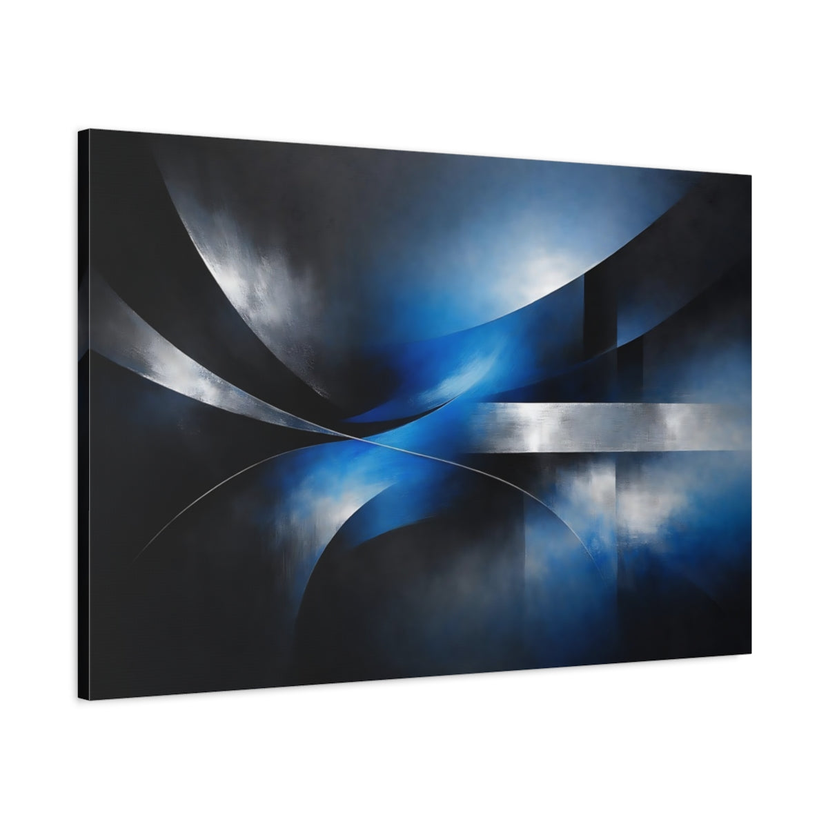 Side Mockup 1. Abstract Abstract Forms Blue And Silver shown as stretched canvas wall art