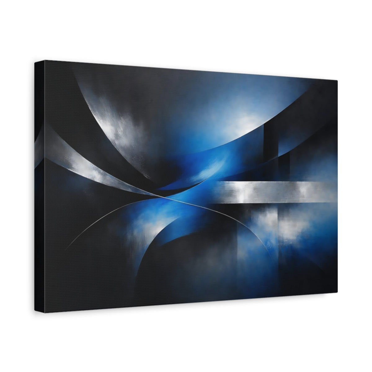 Side Mockup 4. Abstract Abstract Forms Blue And Silver shown as stretched canvas wall art