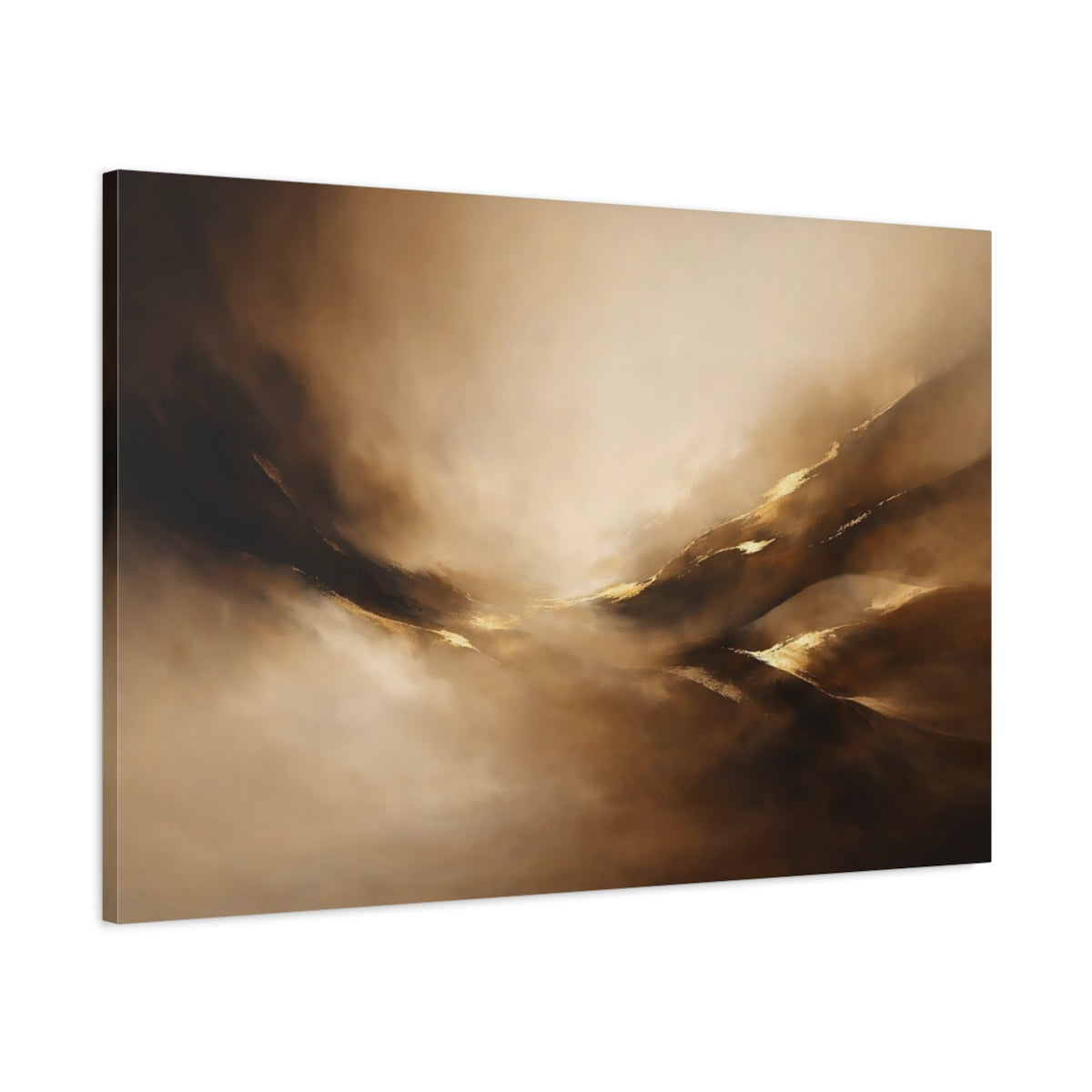 Side Mockup 1. Abstract Abstract Forms Brown Gold Abstract shown as stretched canvas wall art