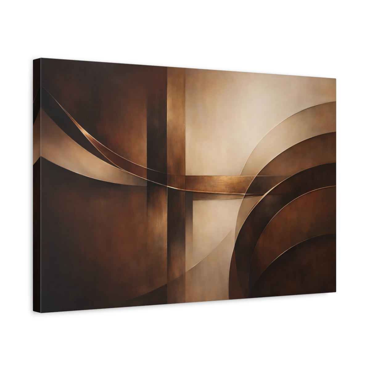 Side Mockup 3. Abstract Abstract Forms Brown Gold Abstract shown as stretched canvas wall art