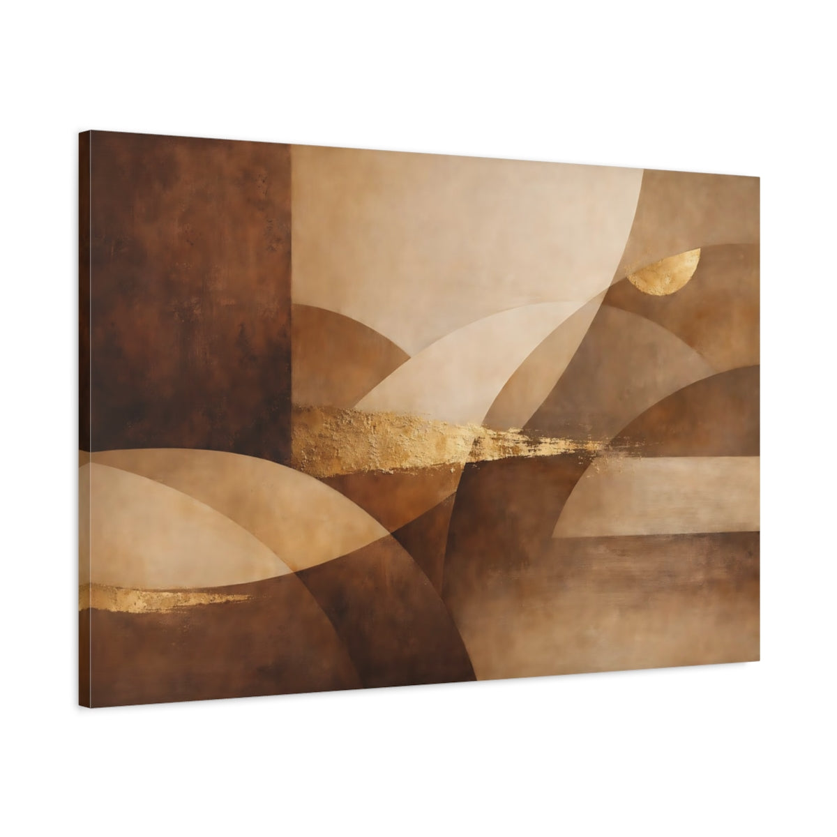 Side Mockup 1. Abstract Abstract Forms Brown Gold Abstract shown as stretched canvas wall art