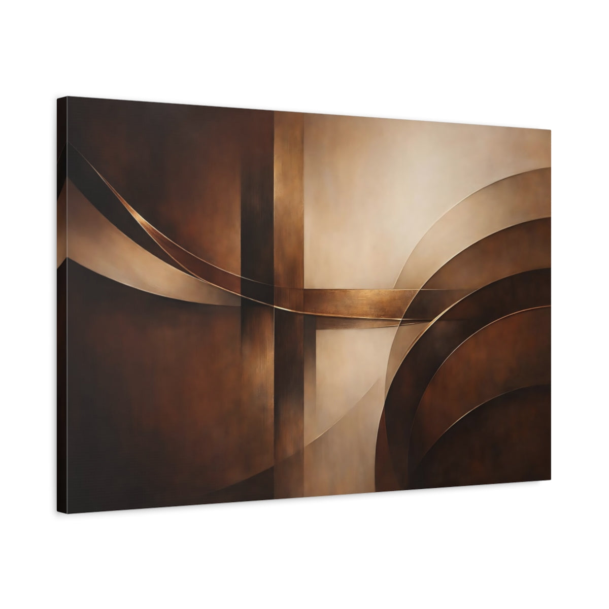 Side Mockup 2. Abstract Abstract Forms Brown Gold Abstract shown as stretched canvas wall art