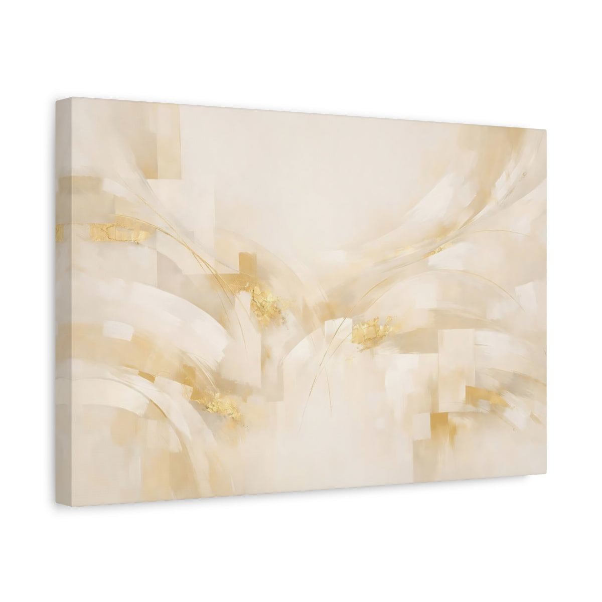 Side Mockup 4. Abstract Abstract Forms Cream And Gold shown as stretched canvas wall art