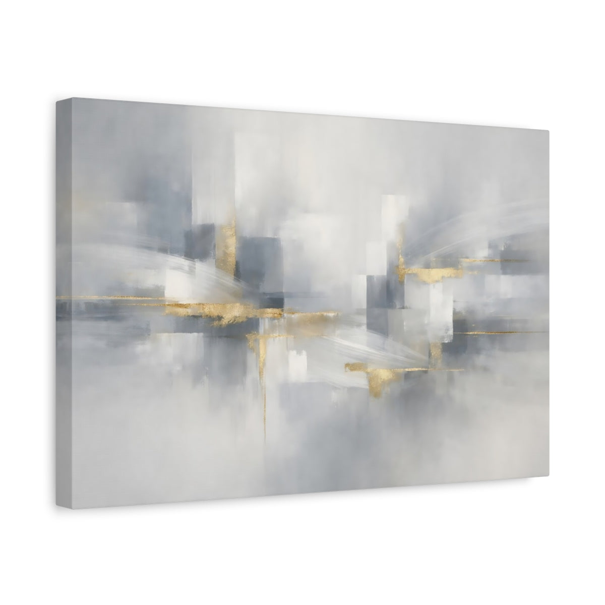 Side Mockup 4. Abstract Abstract Forms Gray And Gold Abstract shown as stretched canvas wall art