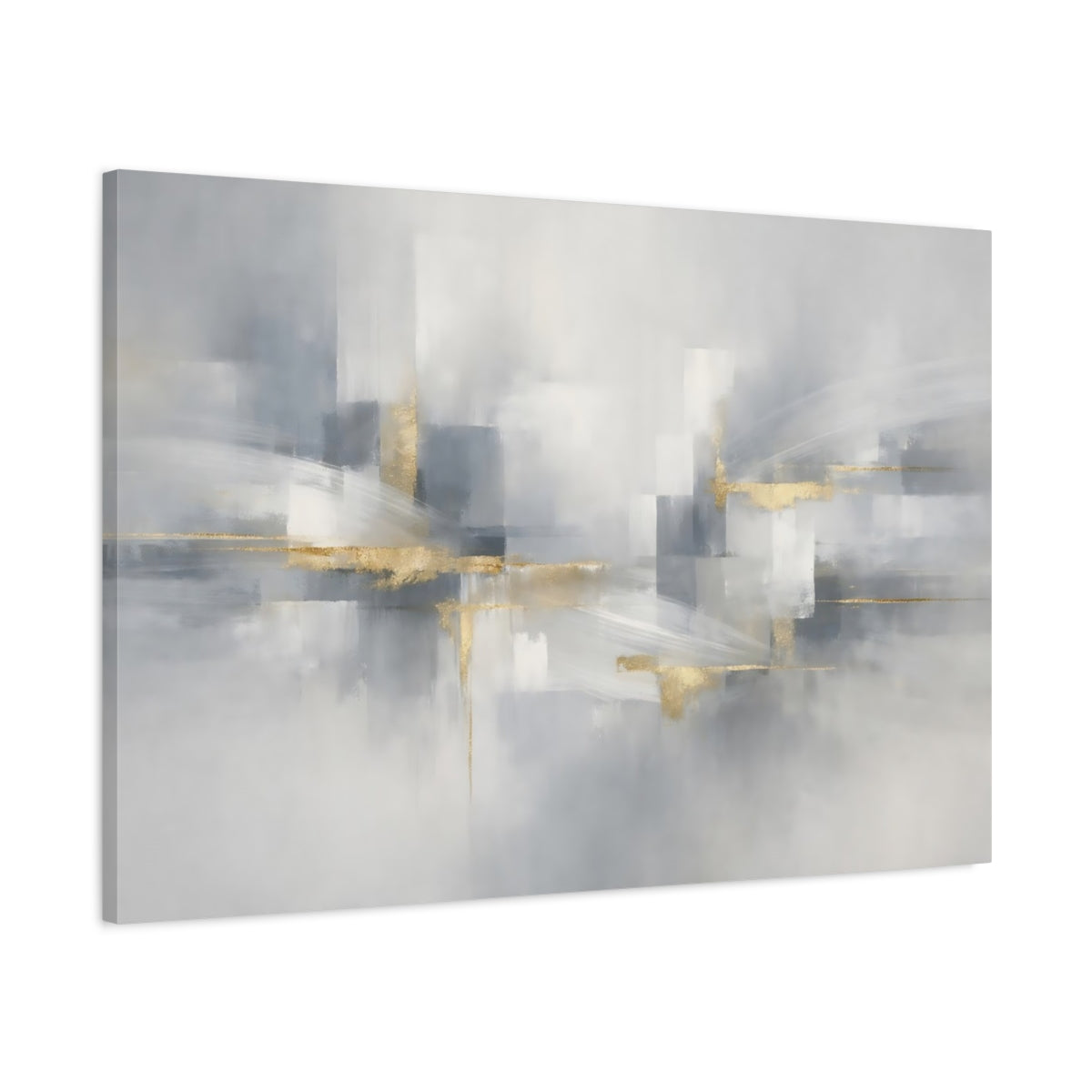 Side Mockup 1. Abstract Abstract Forms Gray And Gold Abstract shown as stretched canvas wall art