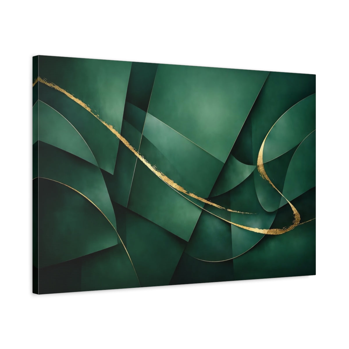 Side Mockup 2. Abstract Abstract Forms Green And Gold shown as stretched canvas wall art