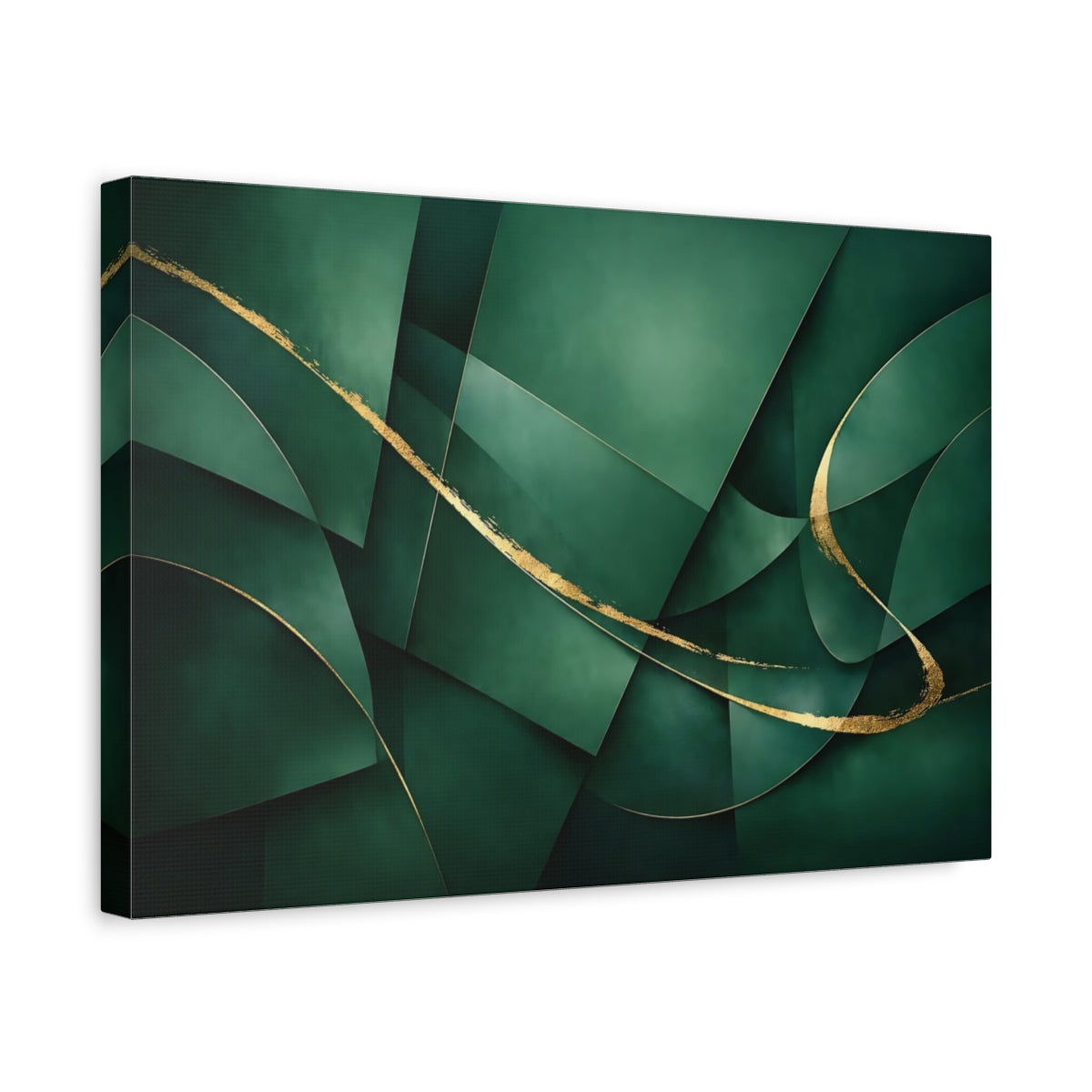 Side Mockup 4. Abstract Abstract Forms Green And Gold shown as stretched canvas wall art