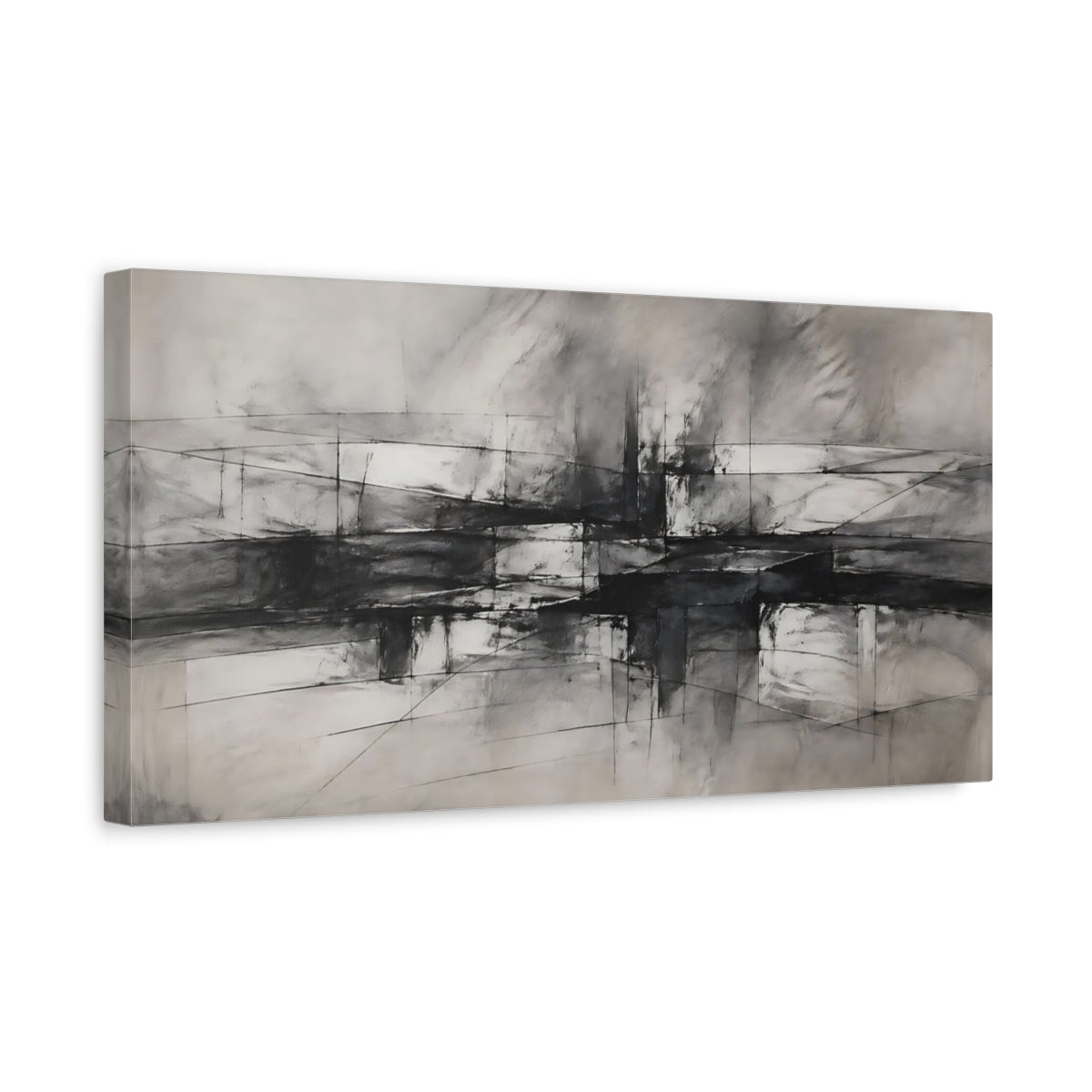 Side Mockup 3. Abstract Abstract Forms Monochrome Abstract shown as stretched canvas wall art