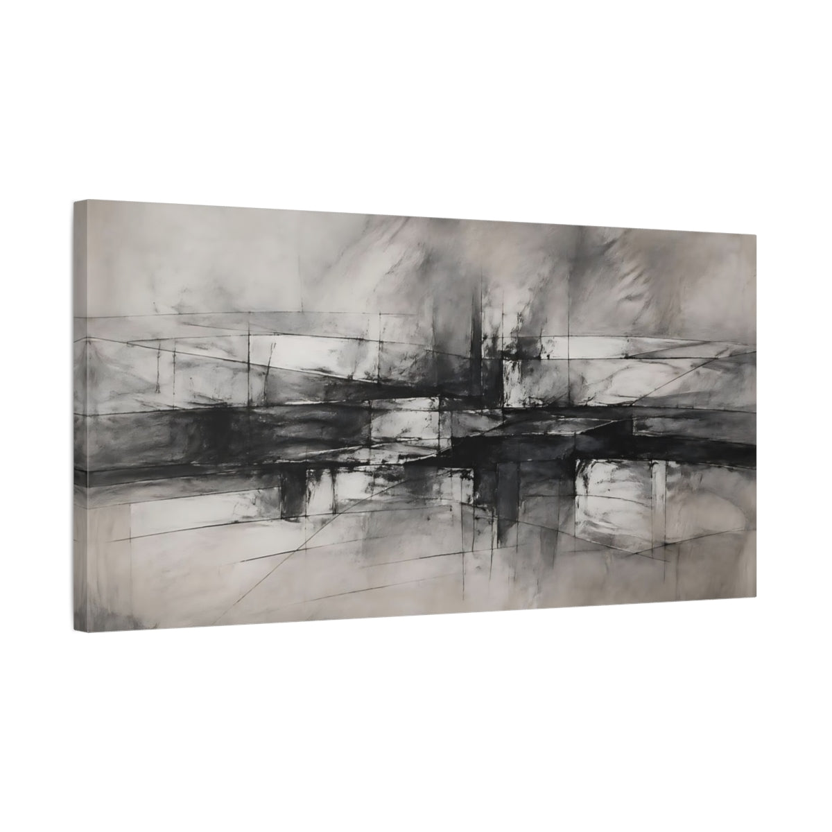 Side Mockup 1. Abstract Abstract Forms Monochrome Abstract shown as stretched canvas wall art
