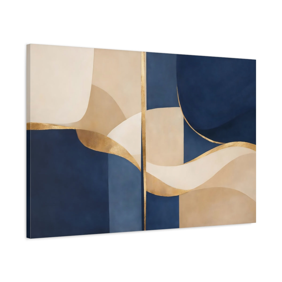 Side Mockup 1. Abstract Abstract Forms Navy And Gold shown as stretched canvas wall art