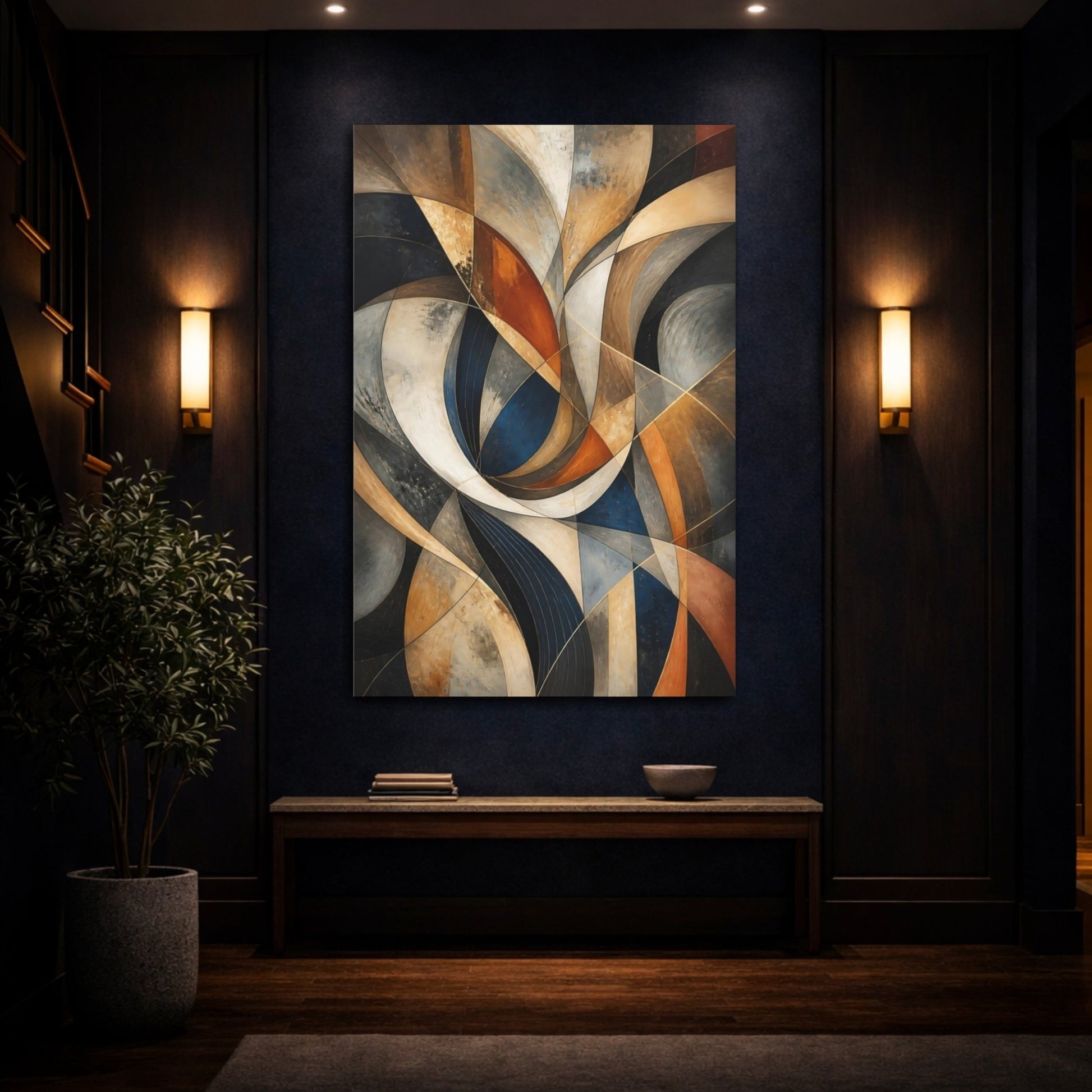 Abstract Forms Navy Gold Gray Canvas Print – Modern Decor for Living Room, Above Fireplace - YesArtYes