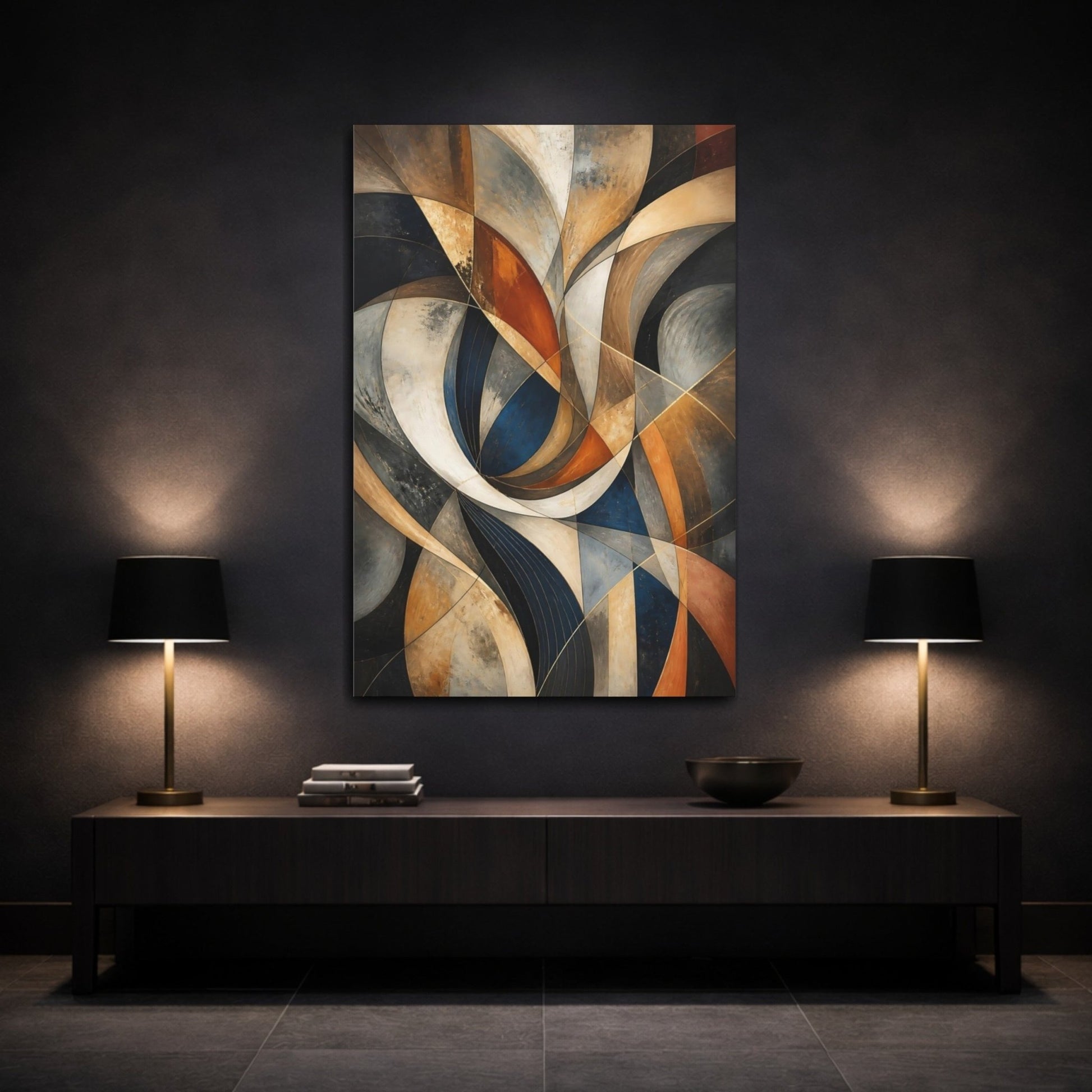 Abstract Forms Navy Gold Gray Canvas Print – Modern Decor for Living Room, Above Fireplace - YesArtYes