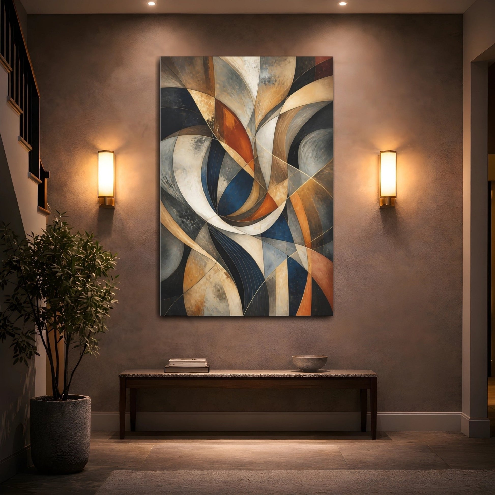 Abstract Forms Navy Gold Gray Canvas Print – Modern Decor for Living Room, Above Fireplace - YesArtYes