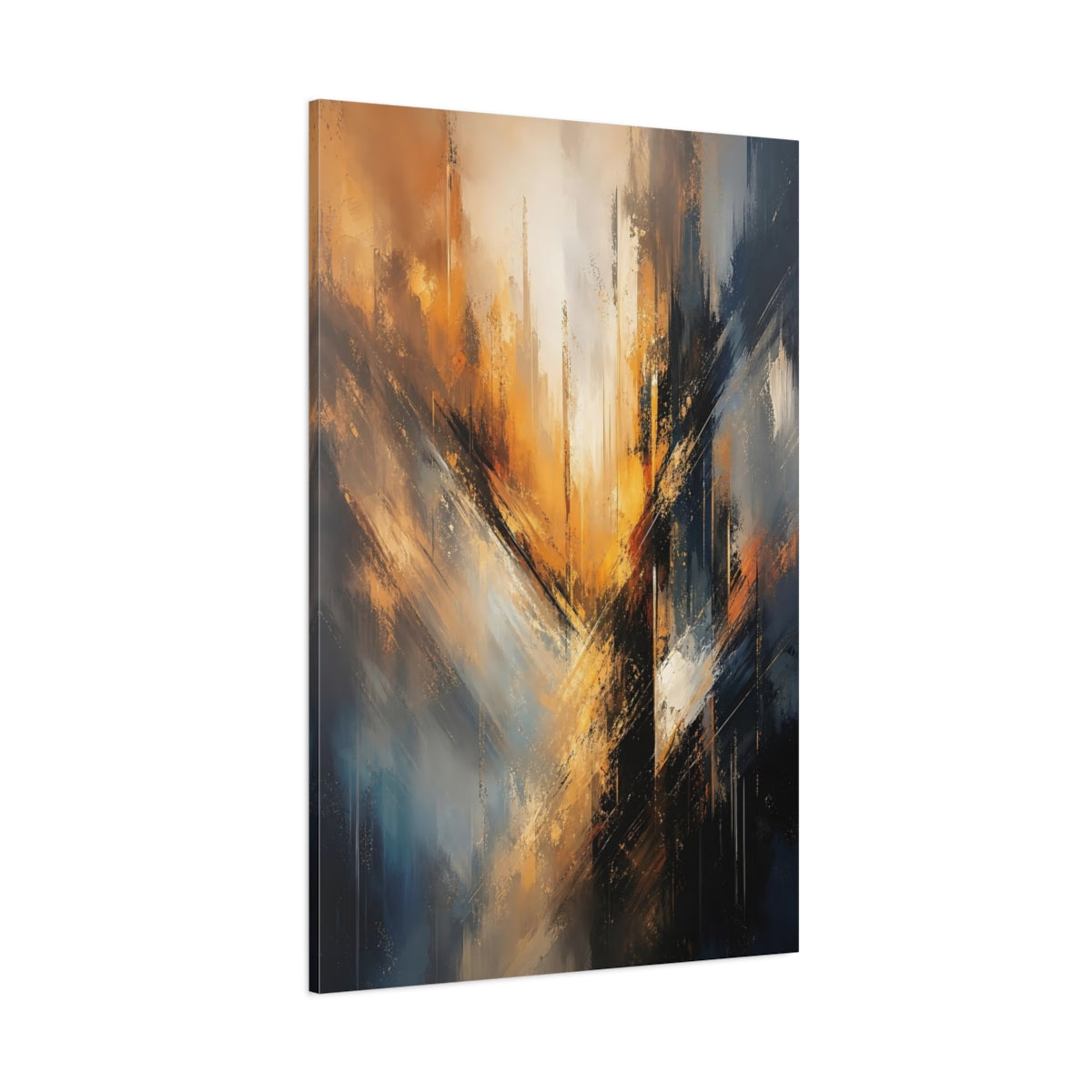 Side Mockup 1. Abstract Abstract Forms Abstract Orange Blue shown as stretched canvas wall art