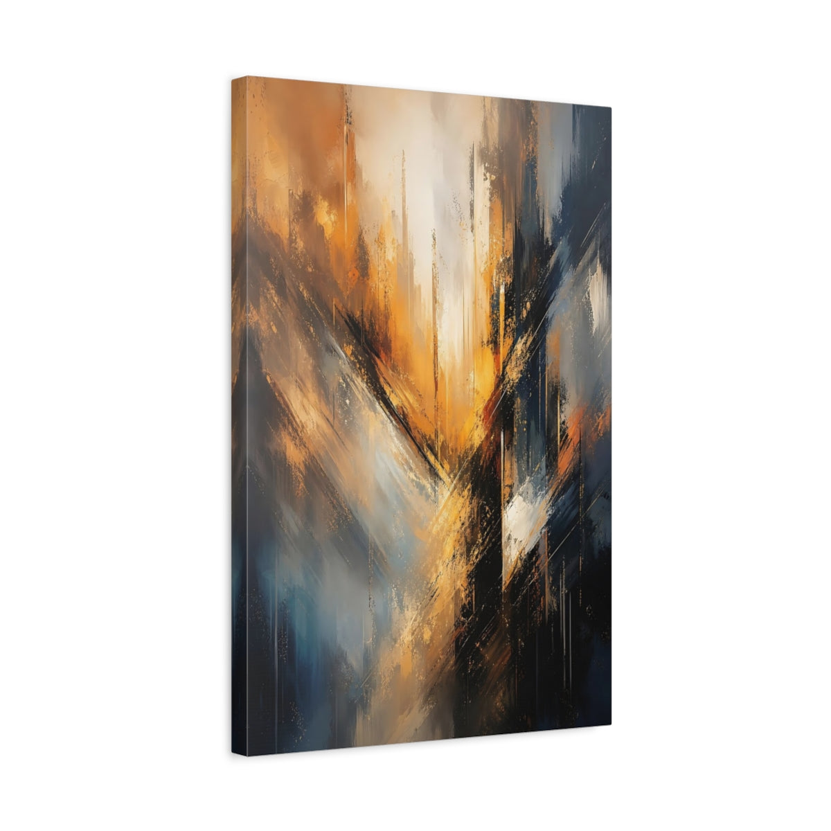 Side Mockup 3. Abstract Abstract Forms Abstract Orange Blue shown as stretched canvas wall art