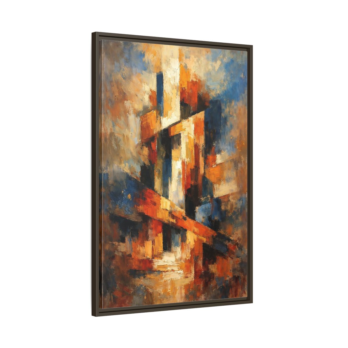 Side Mockup 10. Abstract Abstract Forms Orange Blue Abstract shown as stretched canvas wall art