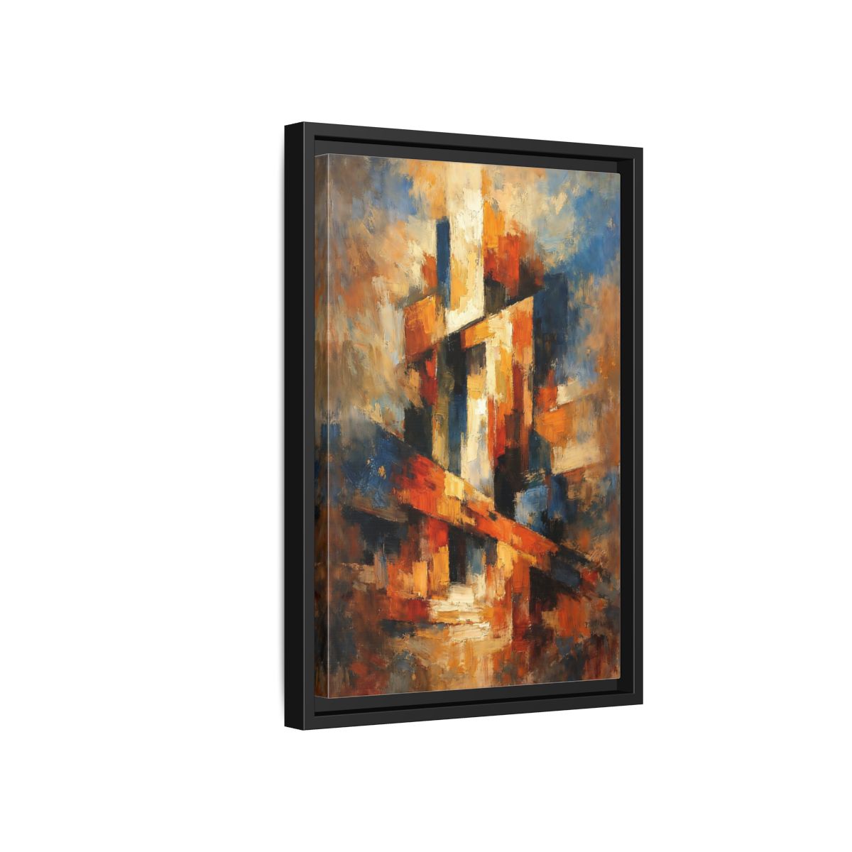 Side Mockup 6. Abstract Abstract Forms Orange Blue Abstract shown as stretched canvas wall art