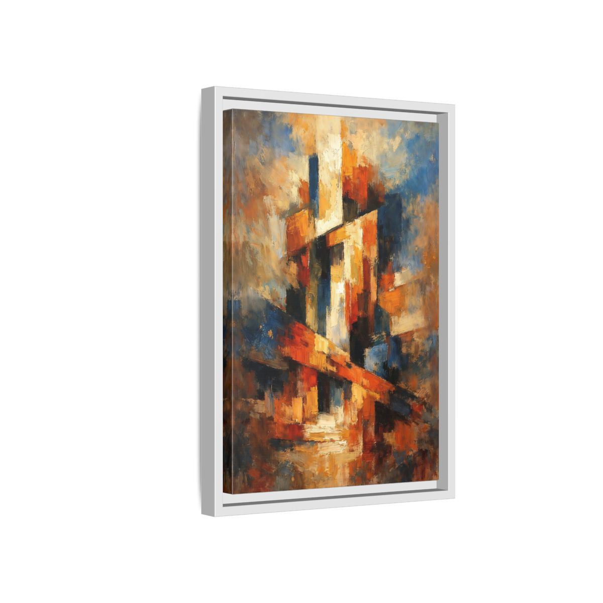 Side Mockup 4. Abstract Abstract Forms Orange Blue Abstract shown as stretched canvas wall art