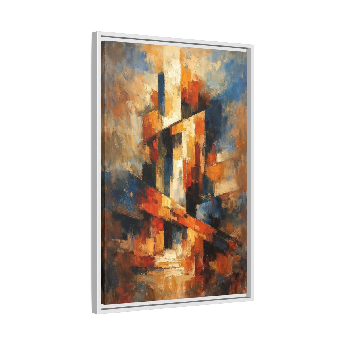 Side Mockup 11. Abstract Abstract Forms Orange Blue Abstract shown as stretched canvas wall art