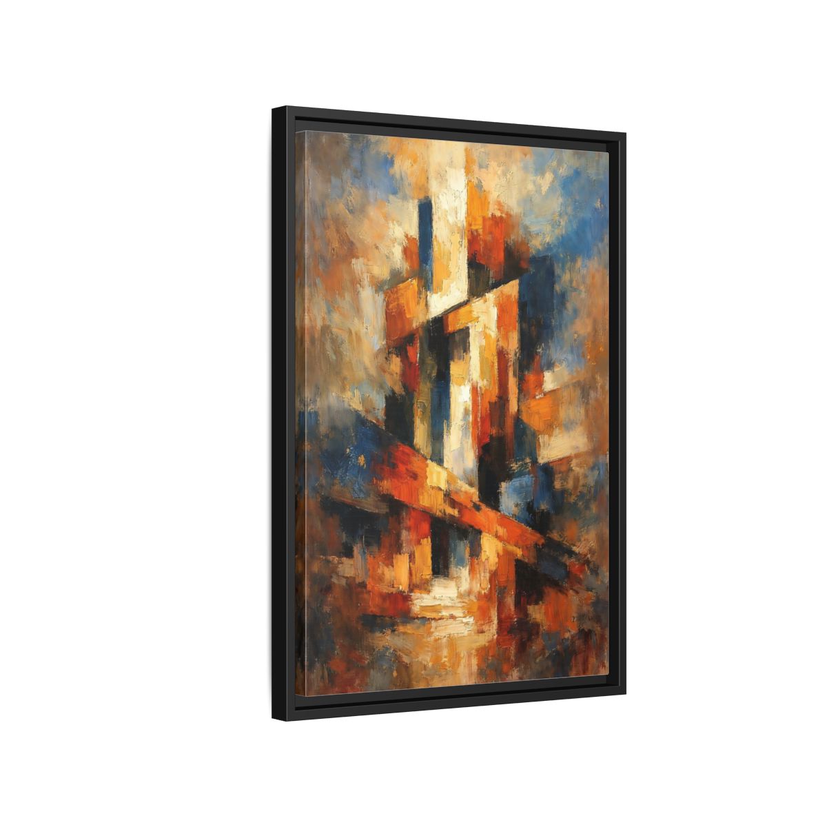Side Mockup 3. Abstract Abstract Forms Orange Blue Abstract shown as stretched canvas wall art