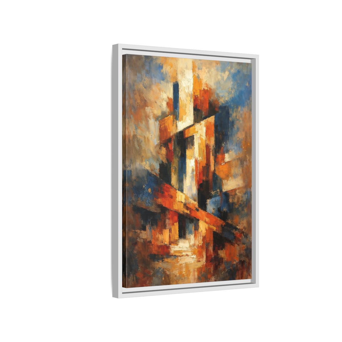 Side Mockup 1. Abstract Abstract Forms Orange Blue Abstract shown as stretched canvas wall art