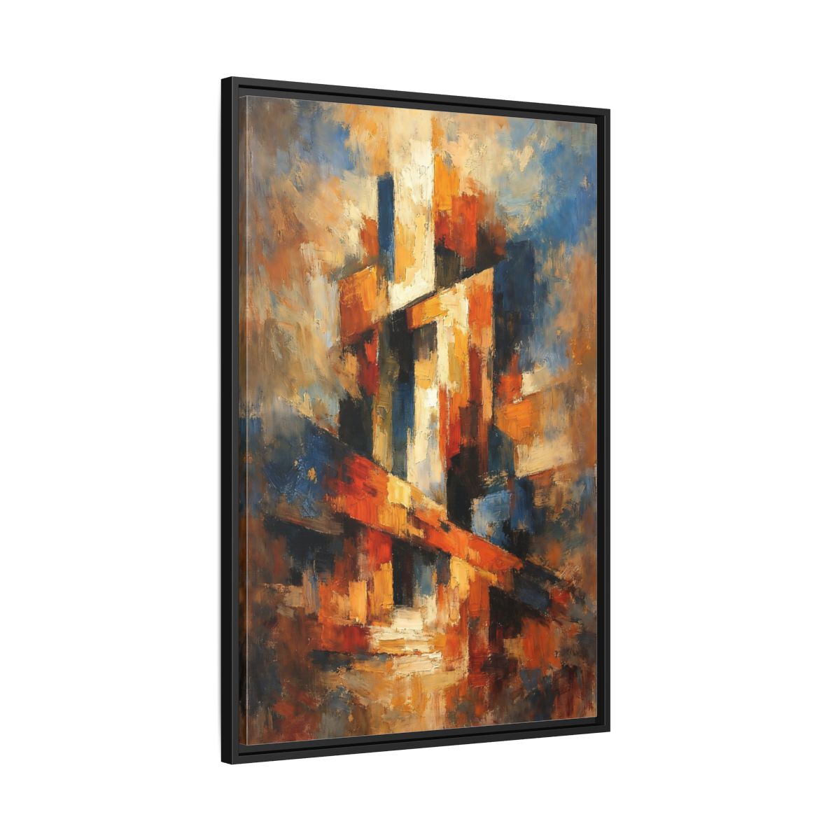 Side Mockup 13. Abstract Abstract Forms Orange Blue Abstract shown as stretched canvas wall art