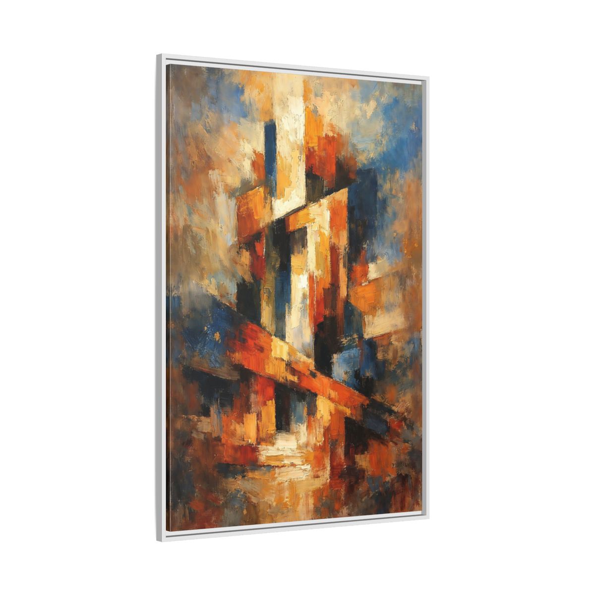Side Mockup 7. Abstract Abstract Forms Orange Blue Abstract shown as stretched canvas wall art