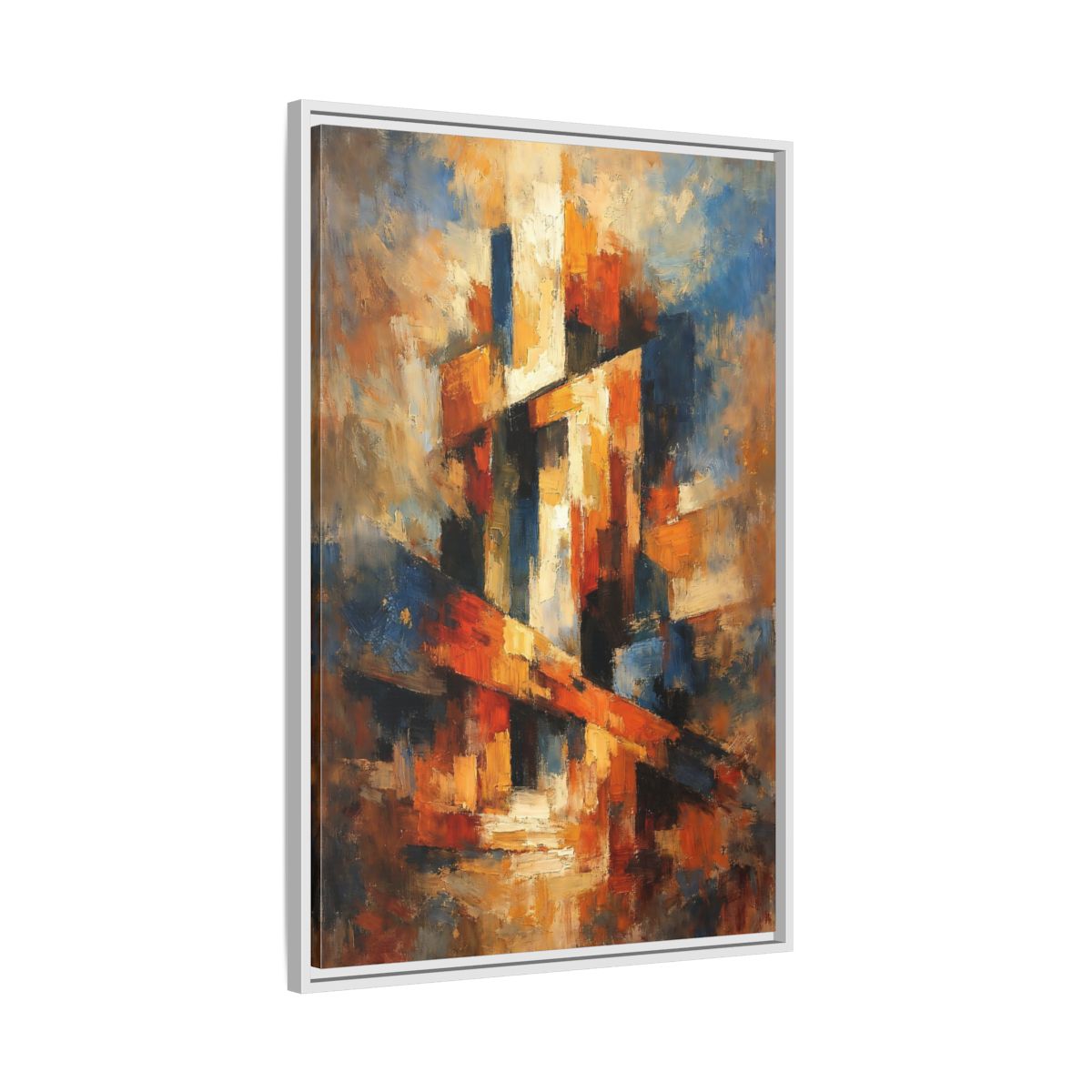 Side Mockup 9. Abstract Abstract Forms Orange Blue Abstract shown as stretched canvas wall art