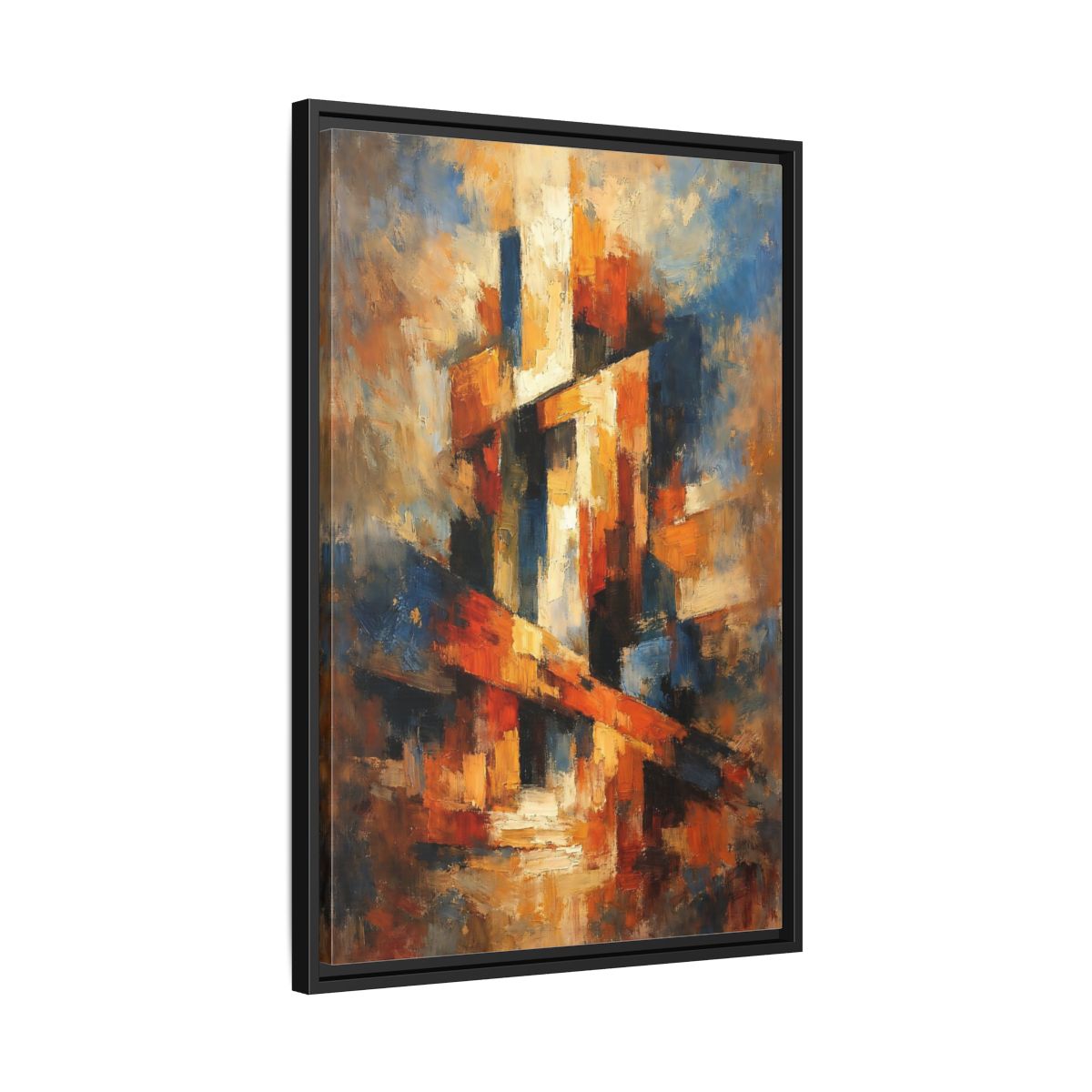 Side Mockup 14. Abstract Abstract Forms Orange Blue Abstract shown as stretched canvas wall art