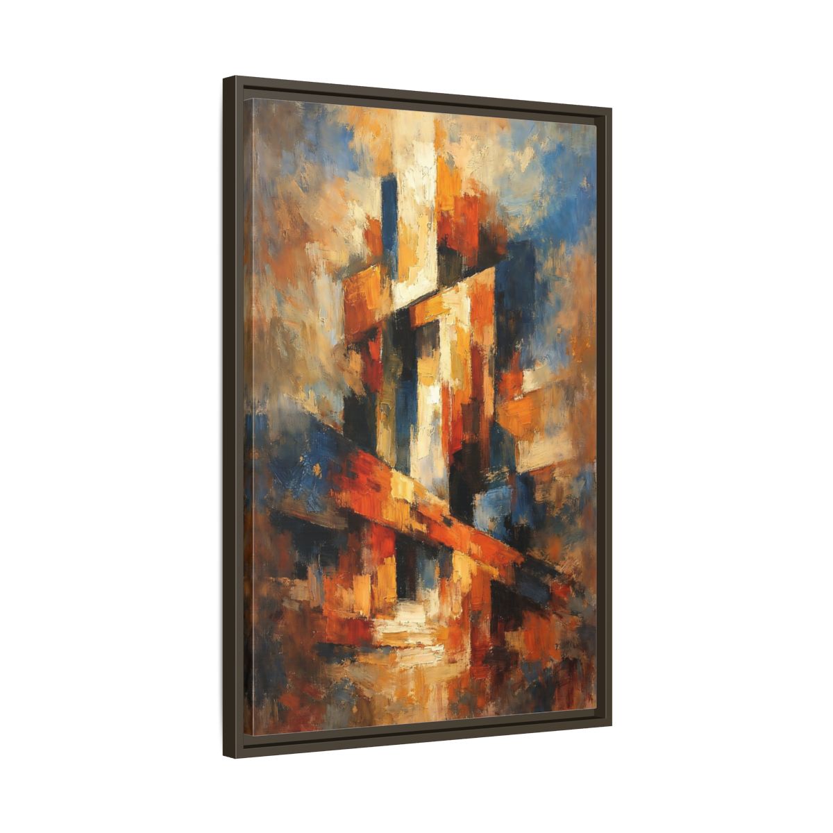 Side Mockup 12. Abstract Abstract Forms Orange Blue Abstract shown as stretched canvas wall art