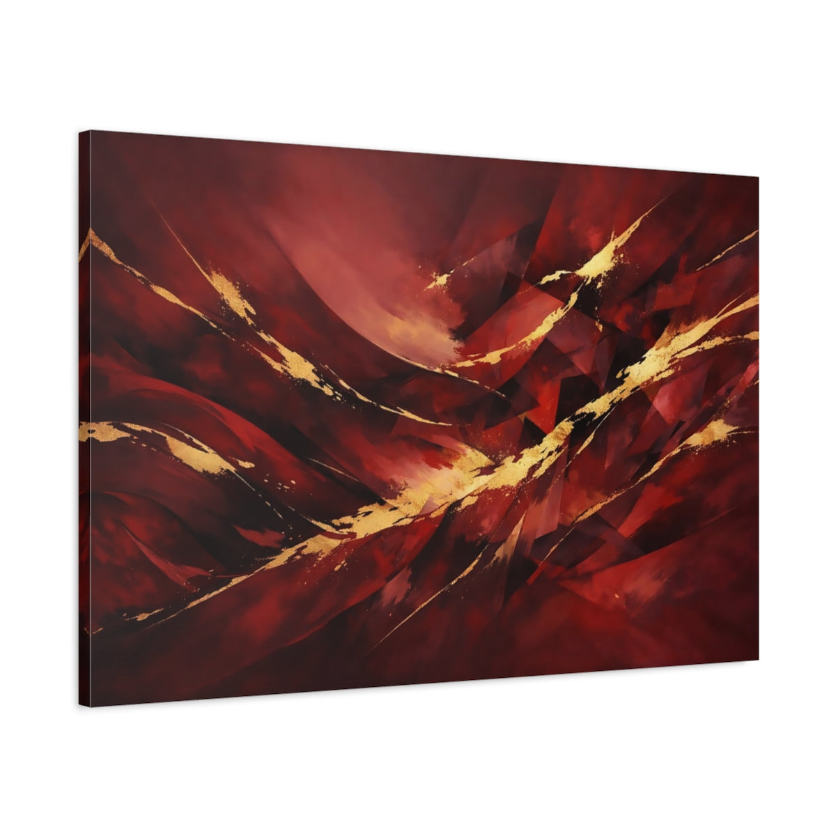 Side Mockup 1. Abstract Abstract Forms Red Gold Abstract shown as stretched canvas wall art