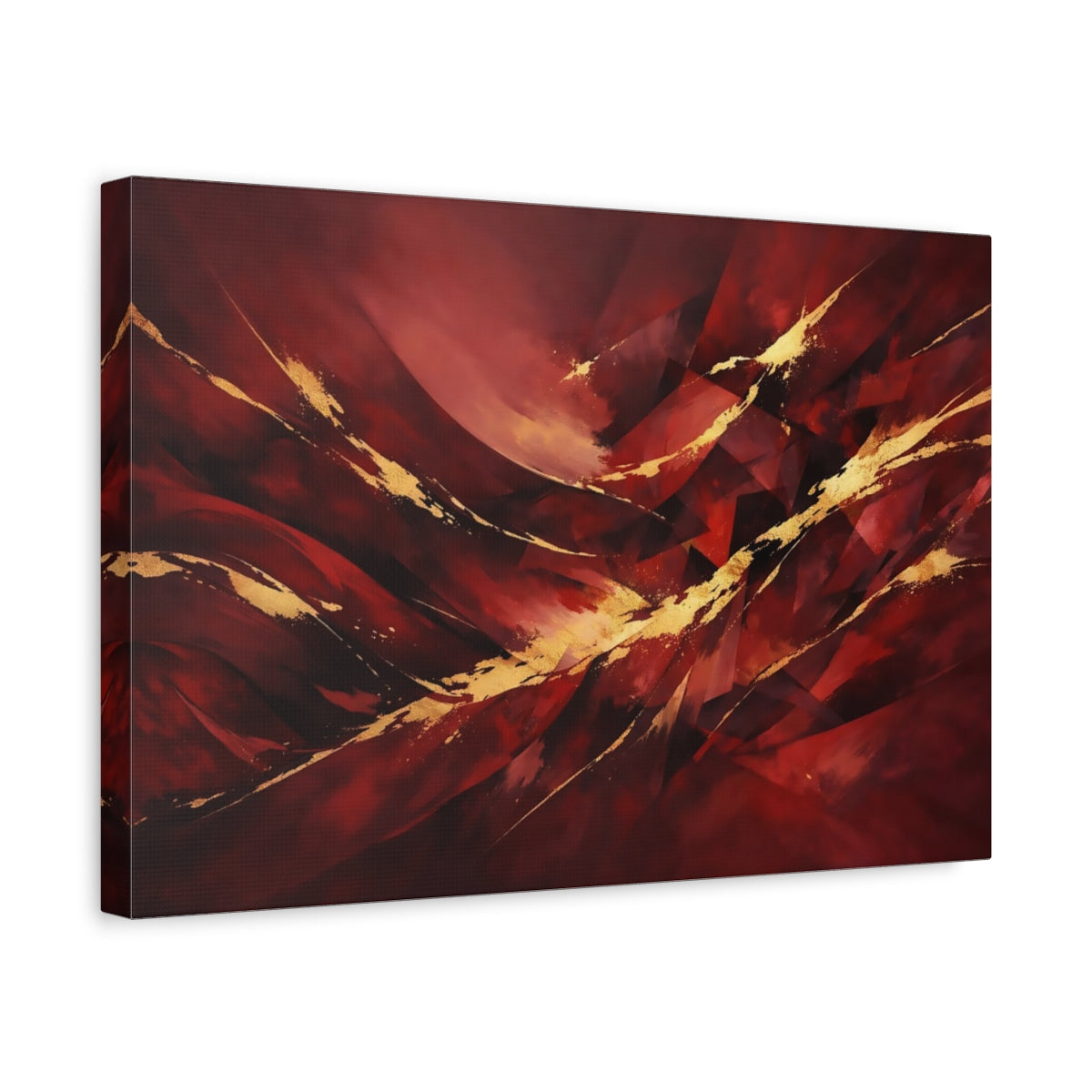 Side Mockup 4. Abstract Abstract Forms Red Gold Abstract shown as stretched canvas wall art