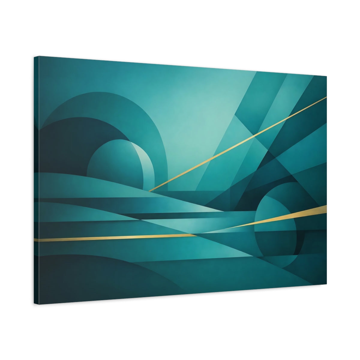 Side Mockup 1. Abstract Abstract Forms Teal And Gold Geometric shown as stretched canvas wall art