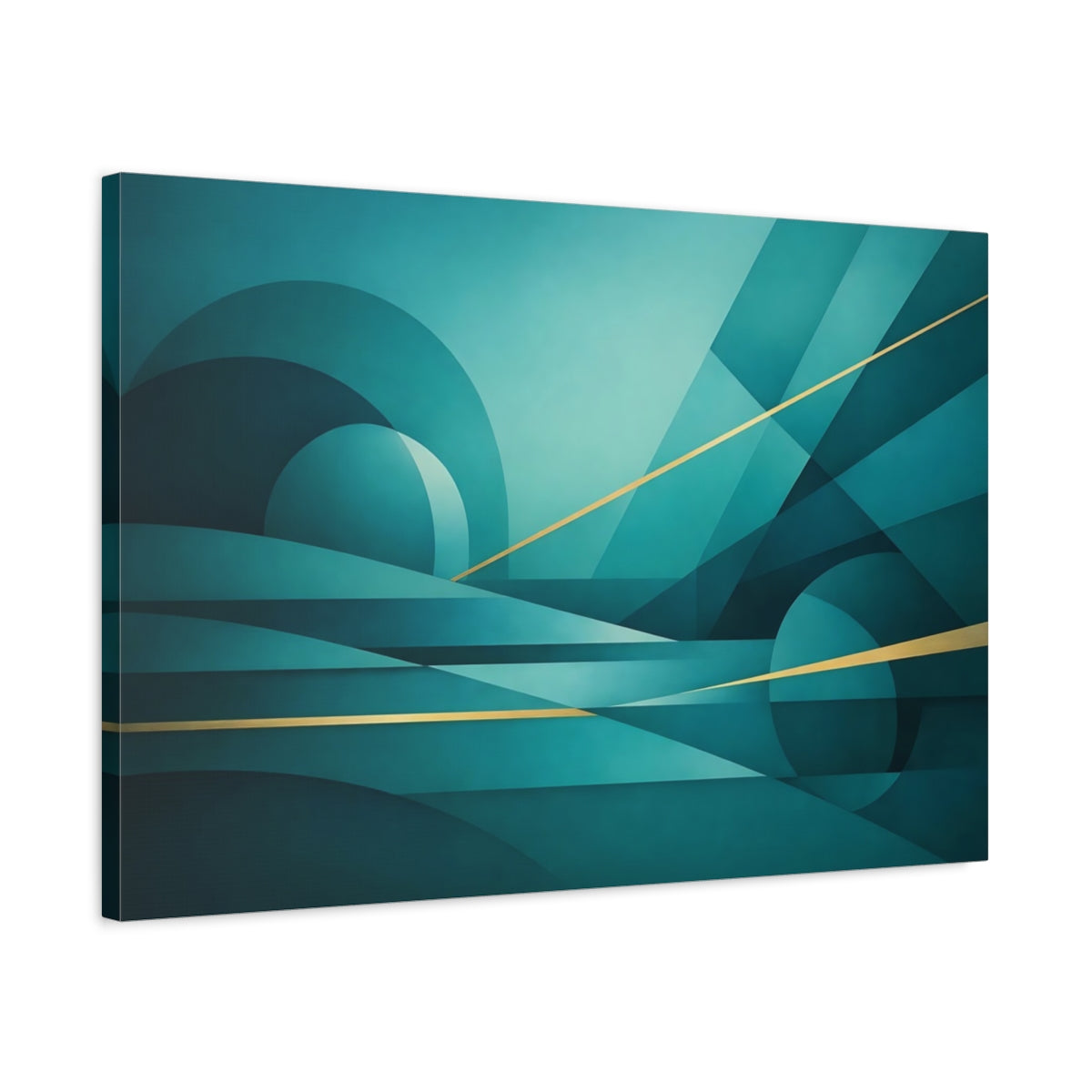 Side Mockup 2. Abstract Abstract Forms Teal And Gold Geometric shown as stretched canvas wall art