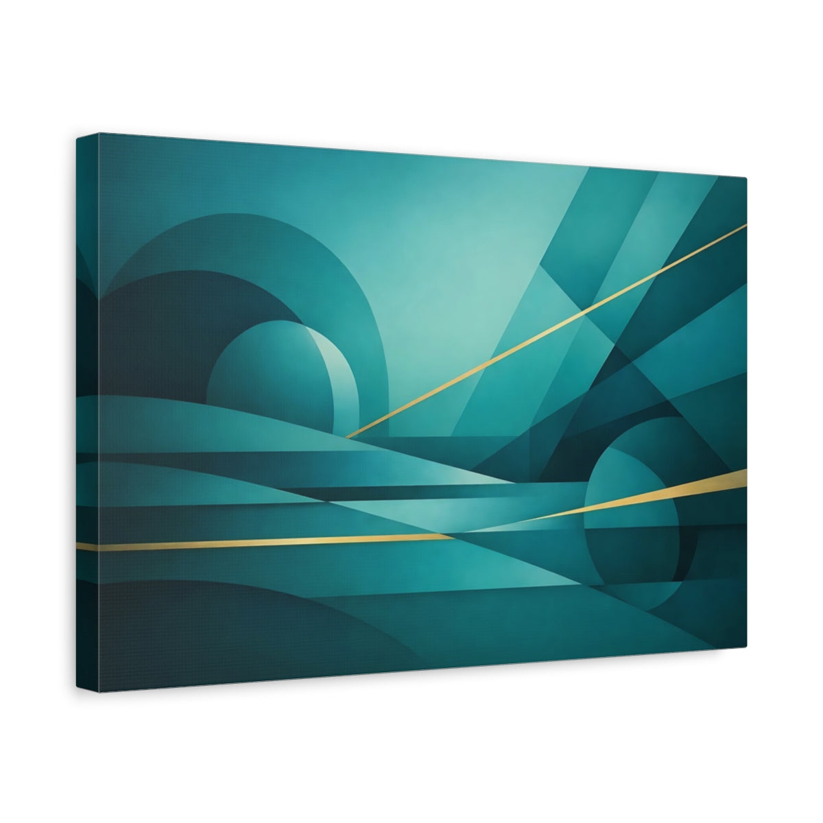 Side Mockup 4. Abstract Abstract Forms Teal And Gold Geometric shown as stretched canvas wall art