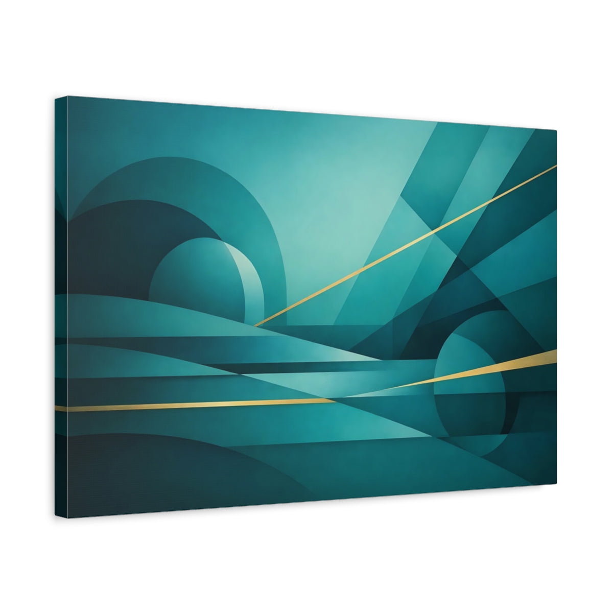 Side Mockup 3. Abstract Abstract Forms Teal And Gold Geometric shown as stretched canvas wall art