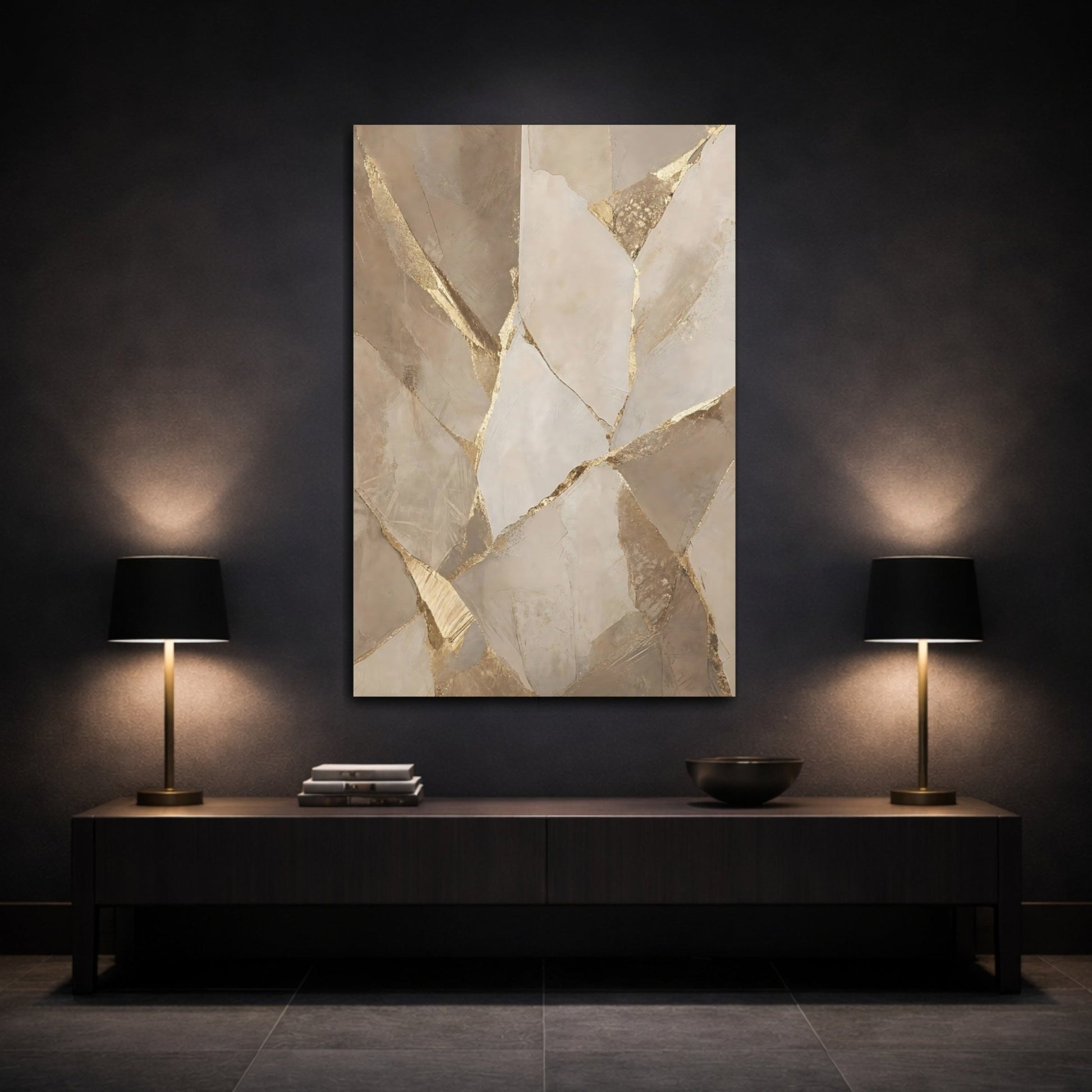 Abstract Fractured Gold Beige Canvas Print – Living Room, Above Console Table - YesArtYes