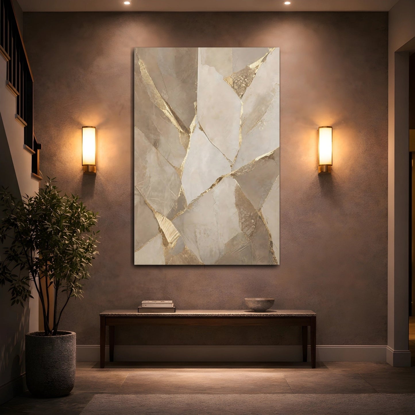 Abstract Fractured Gold Beige Canvas Print – Living Room, Above Console Table - YesArtYes