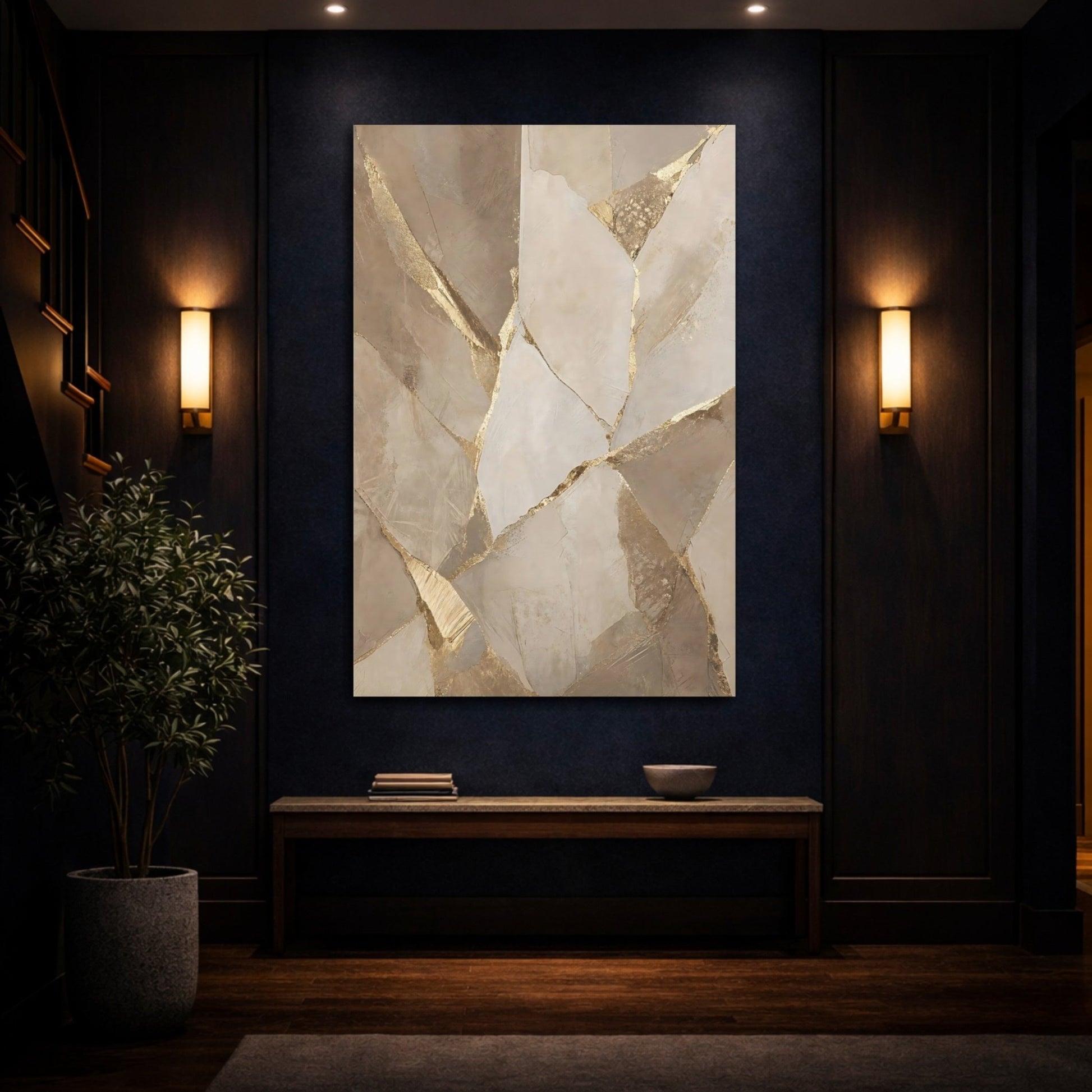 Abstract Fractured Gold Beige Canvas Print – Living Room, Above Console Table - YesArtYes