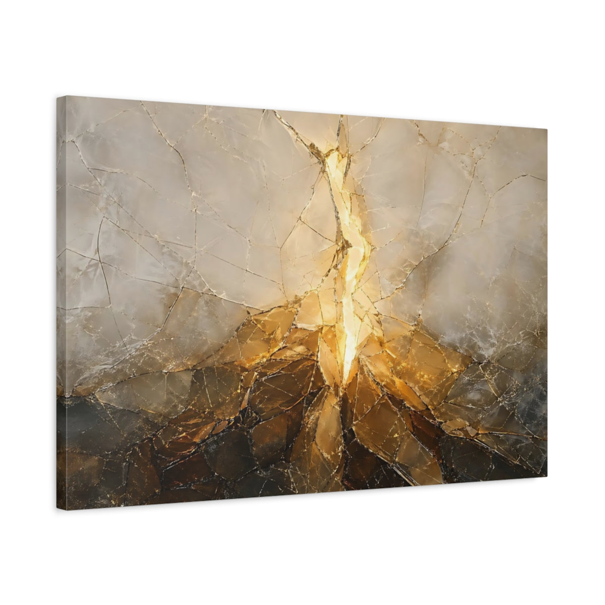 Side Mockup 2. Abstract Fractured Light Gold And Gray shown as stretched canvas wall art