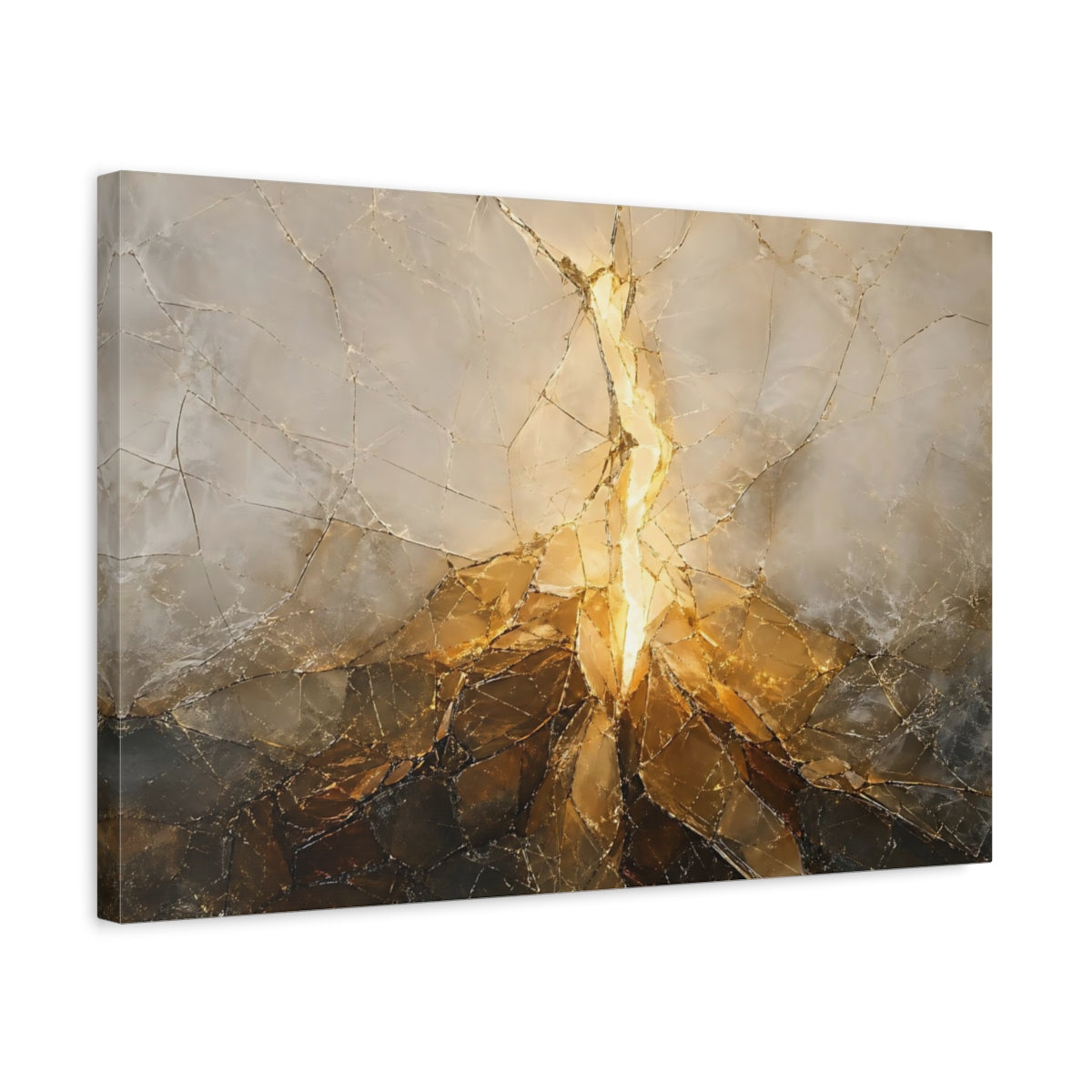 Side Mockup 3. Abstract Fractured Light Gold And Gray shown as stretched canvas wall art